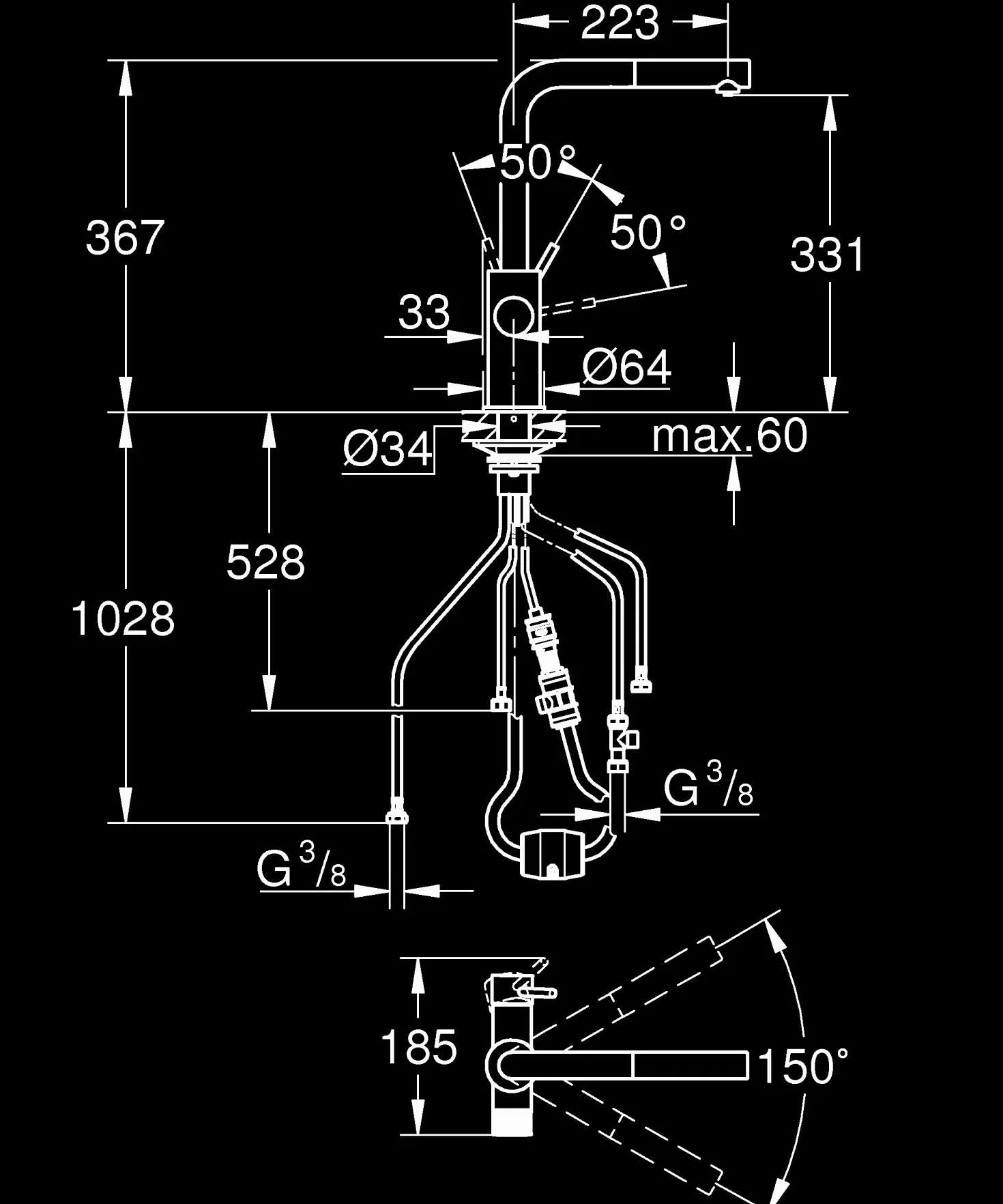 GROHE Blue Pure Minta – 3-kierunkowy wyciągany kran z filtrem wody L-wylewka, obszar obrotowy 360°, dedykowany uchwyt filtra, wkład ceramiczny 28 mm, ogon 3/8 cala, potrzebuje zestawu startowego