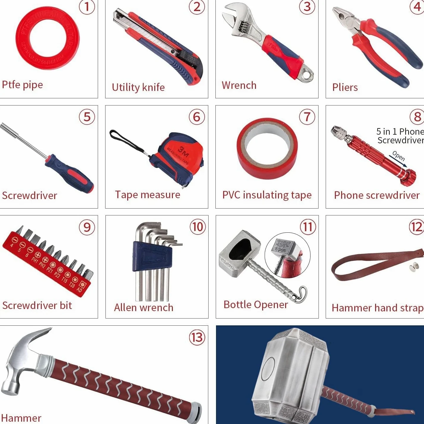 Zestaw narzędzi w walizce, seria "Thor Hammer", do codziennych napraw w domu, zestaw akcesoriów do młota Thora, zestaw narzędzi "zrób to sam", szczypce, wielofunkcyjne narzędzia, zestaw świąteczny
