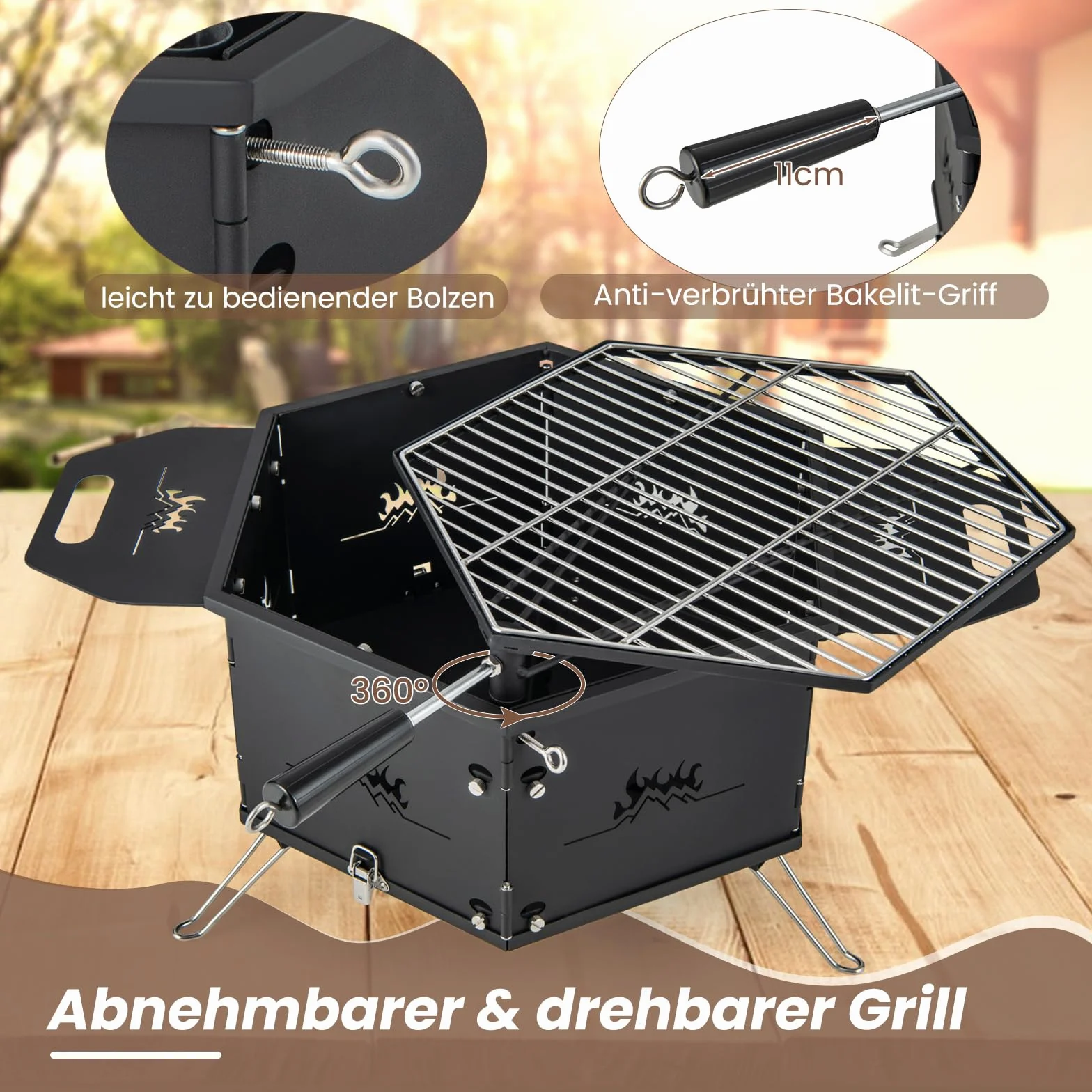 COSTWAY Duży grill na węgiel drzewny, obracany 360°, palenisko 2 w 1, składany, kempingowy, 77x74x38 cm