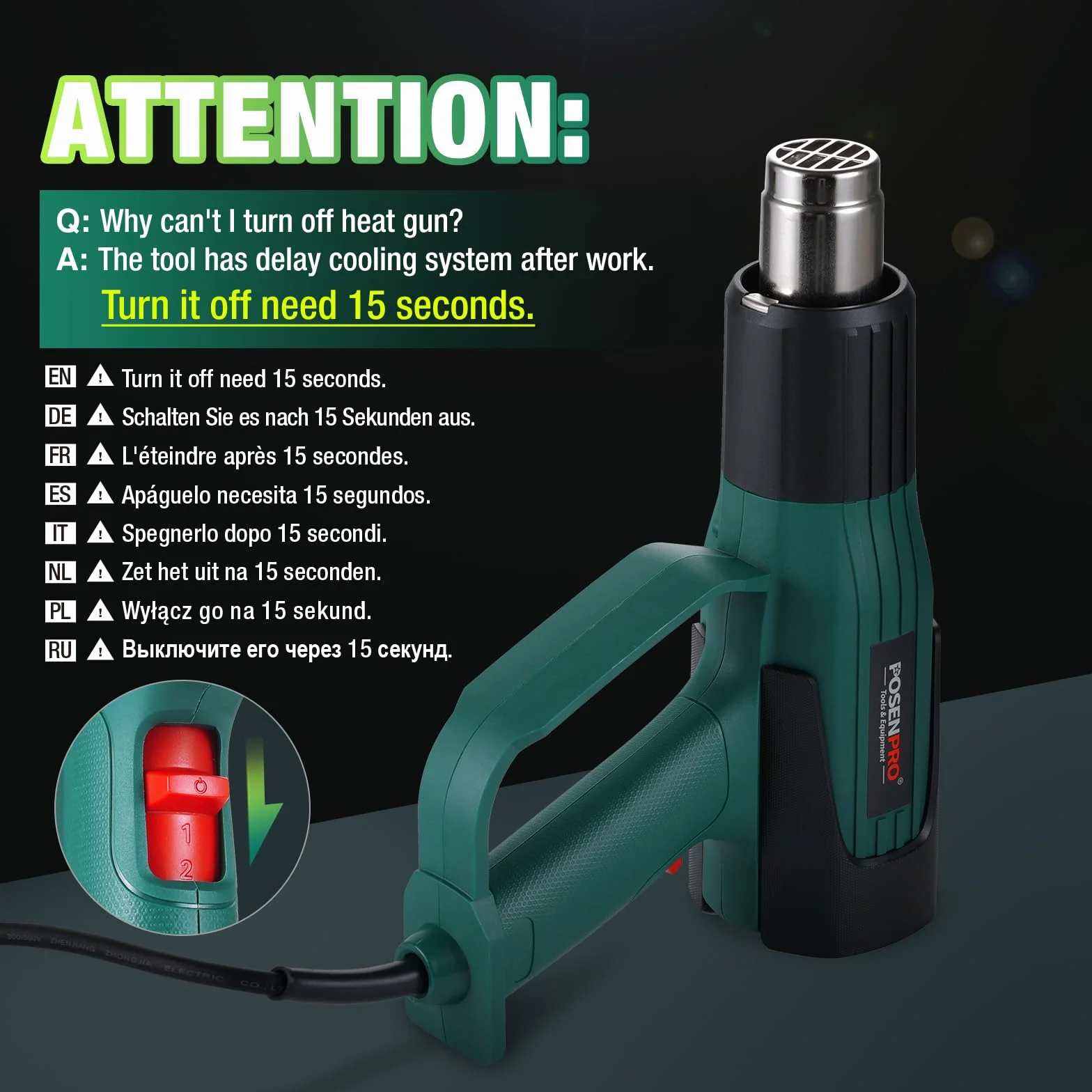 POSENPRO Pistolet na gorące powietrze 2000 W, 60℃-600℃, ochrona przed przepięciem, dmuchawa gorącego powietrza z 7 dyszami, 2 ustawienia przepływu powietrza, idealna do usuwania farby, lutowania,