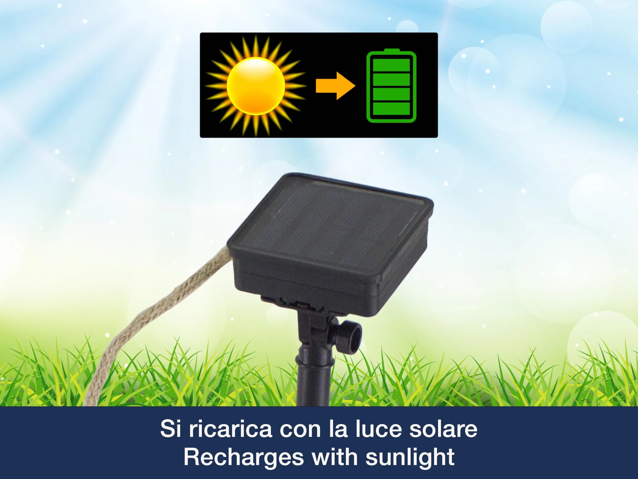 BEPER P207ILO500 Solarny łańcuch świetlny LED do ogrodu, 10 żarówek LED, kabel linowy, vintage, zintegrowany czujnik światła, 4 metra