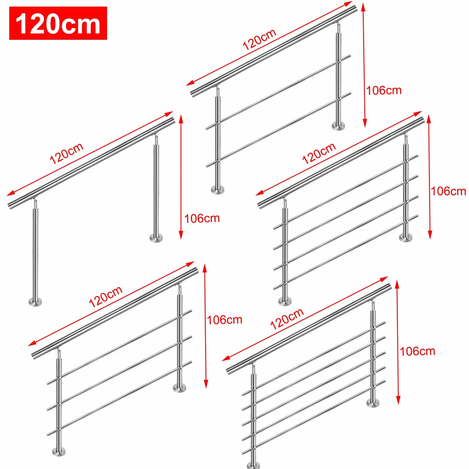 Aufun Poręcz schodowa ze stali nierdzewnej, poręcz do schodów, do użytku wewnątrz i na zewnątrz, na balkon, kolor srebrny, długość: 120 cm, z 3 poprzeczkami