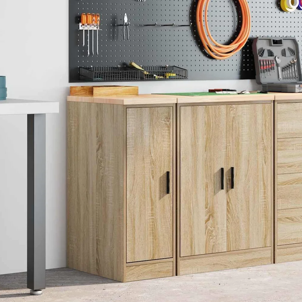 Garażowa szafka do przechowywania, dąb Sonoma, z blatem roboczym z litego drewna sosnowego, 2 półki, obciążenie 60 kg, do warsztatu, magazynu, biura i dla majsterkowiczów