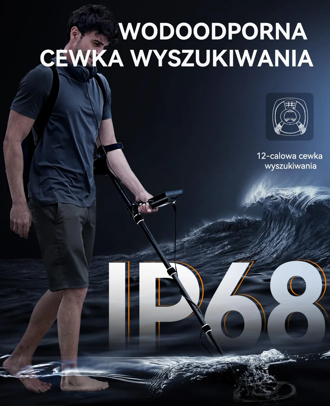 SUNPOW Wykrywacz Metalu 12 cali Wodoodporny DSP 5 Trybów Regulowana Długość 50-150 cm