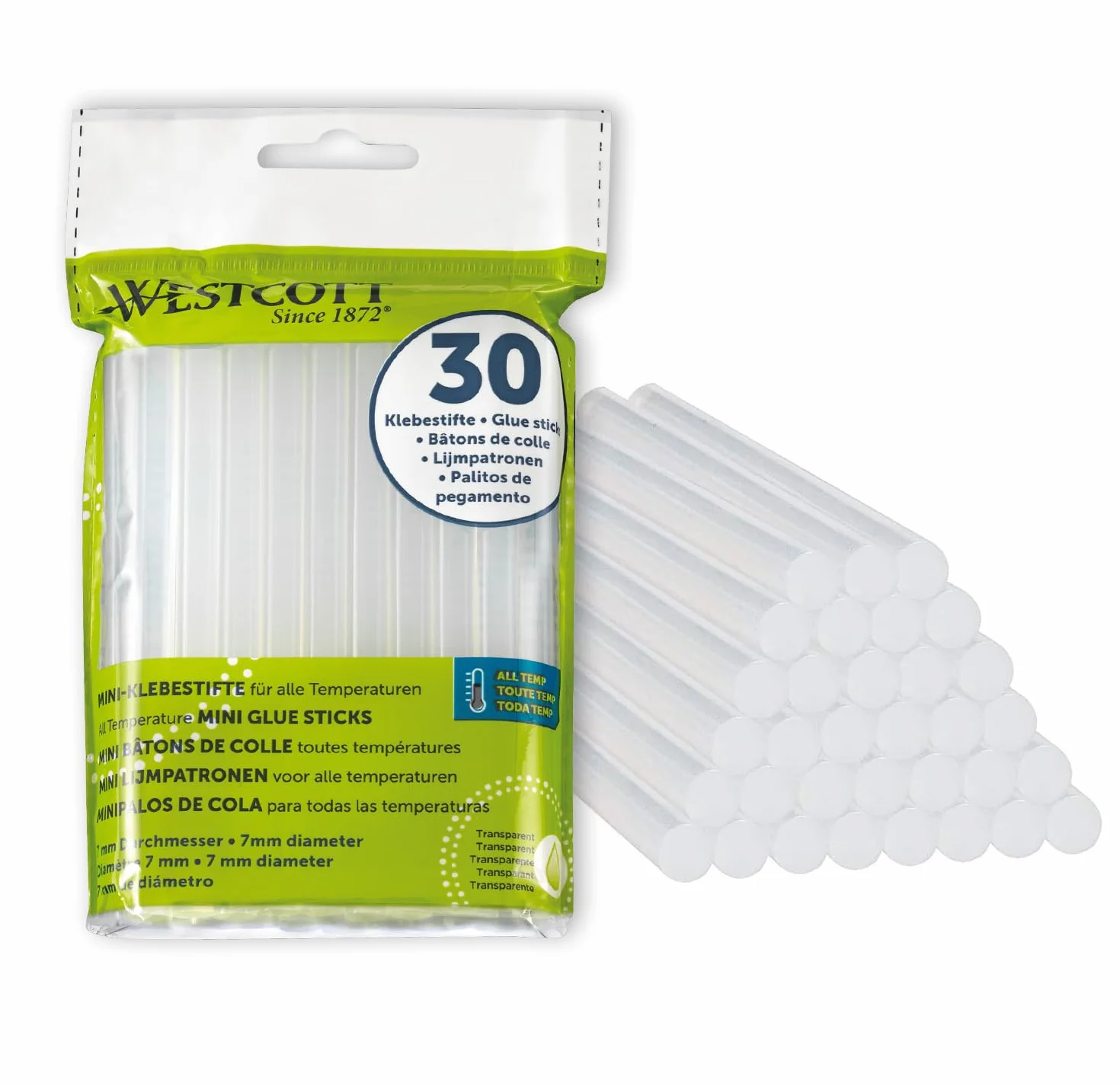 Westcott E-16837 00 Wkłady do Pistoletu do Klejenia na Gorąco, Przezroczyste, Zestaw: 30 Sztuk i Średnica 7 mm i 102 mm