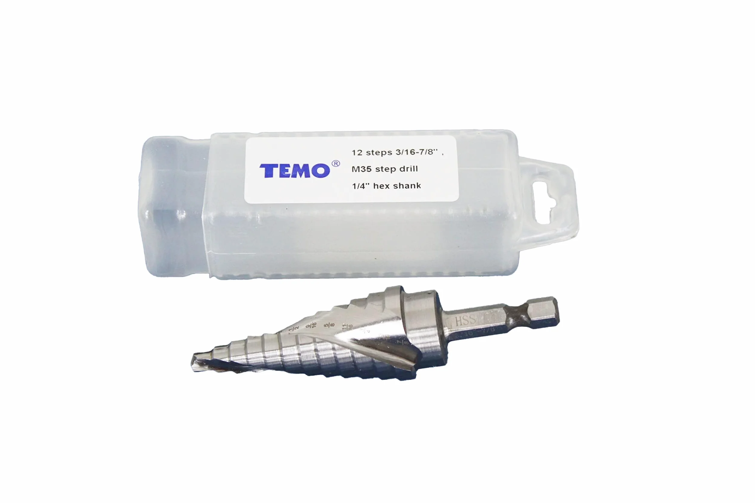 TEMO Wiertło stopniowe M35 kobaltowe, 12 rozmiarów od 3/16 cala (4,8 mm) do 7/8 cala (22,2 mm), chwyt sześciokątny 1/4 cala (6,4 mm)