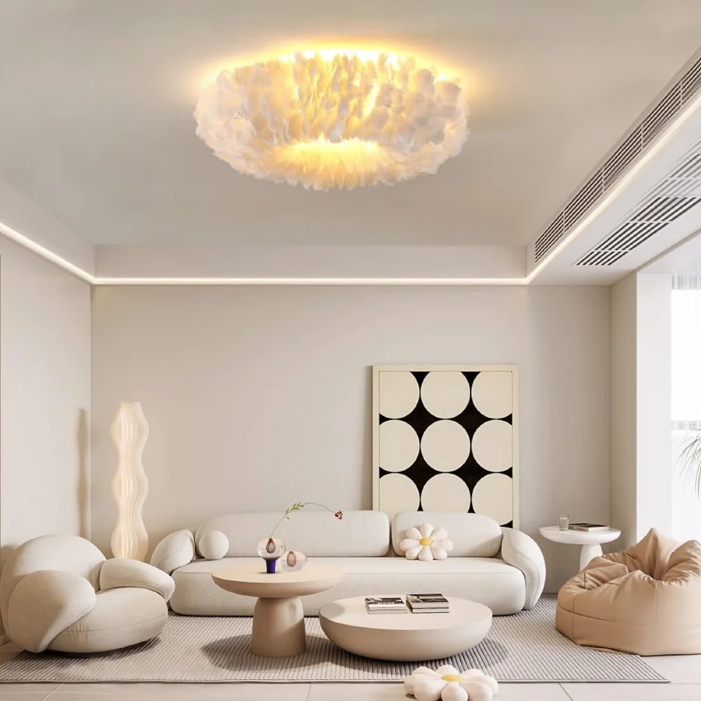 Lampa Sufitowa Nowoczesna Z Abażurem Z Białymi Piórami - Przytulna Aranżacja Ze Ściemniaczem E27 - Oświetlenie Sufitowe Do Sypialni/Salonu Dziecięcego - Stylowa Dekoracja Wnętrz Domowych & Resta