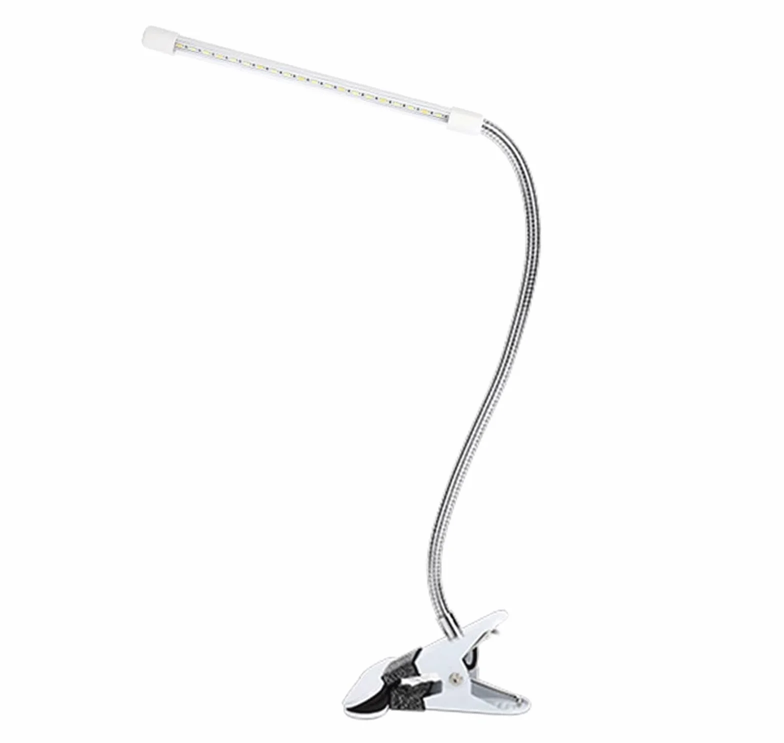 Lampa biurkowa LED z klipsem, długa, elastyczna gęsia szyja, metalowa, regulacja 360°, nadaje się do lamp ochronnych oczu typu klips w domu i biurze (kolor: biały)
