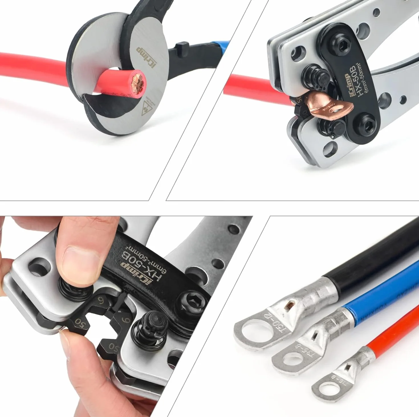 iCrimp zestaw narzędzi do zaciskania kabli akumulatorowych, wytrzymała zaciskarka do końcówek miedzianych 6-50 mm², zawiera obcinak do drutu do 70 mm² i nóż do ściągania izolacji w przenośnej walizce