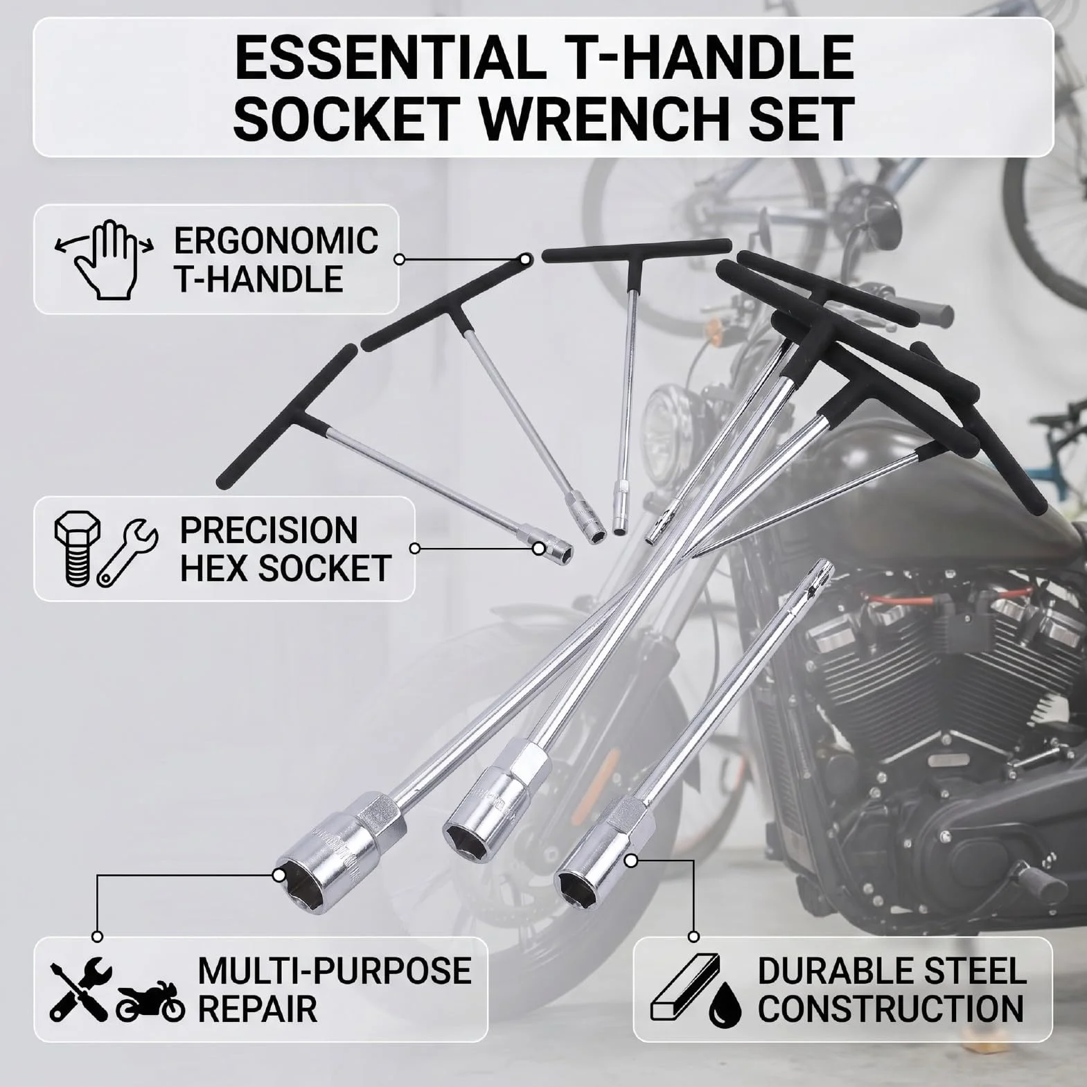 7-częściowy Klucz Nasadowy z Uchwytem T, Nasadki Sześciokątne 6–14 Mm z Ergonomicznym Uchwytem, Zamiennik do Naprawy Motocykli, Samochodów i rowerów.