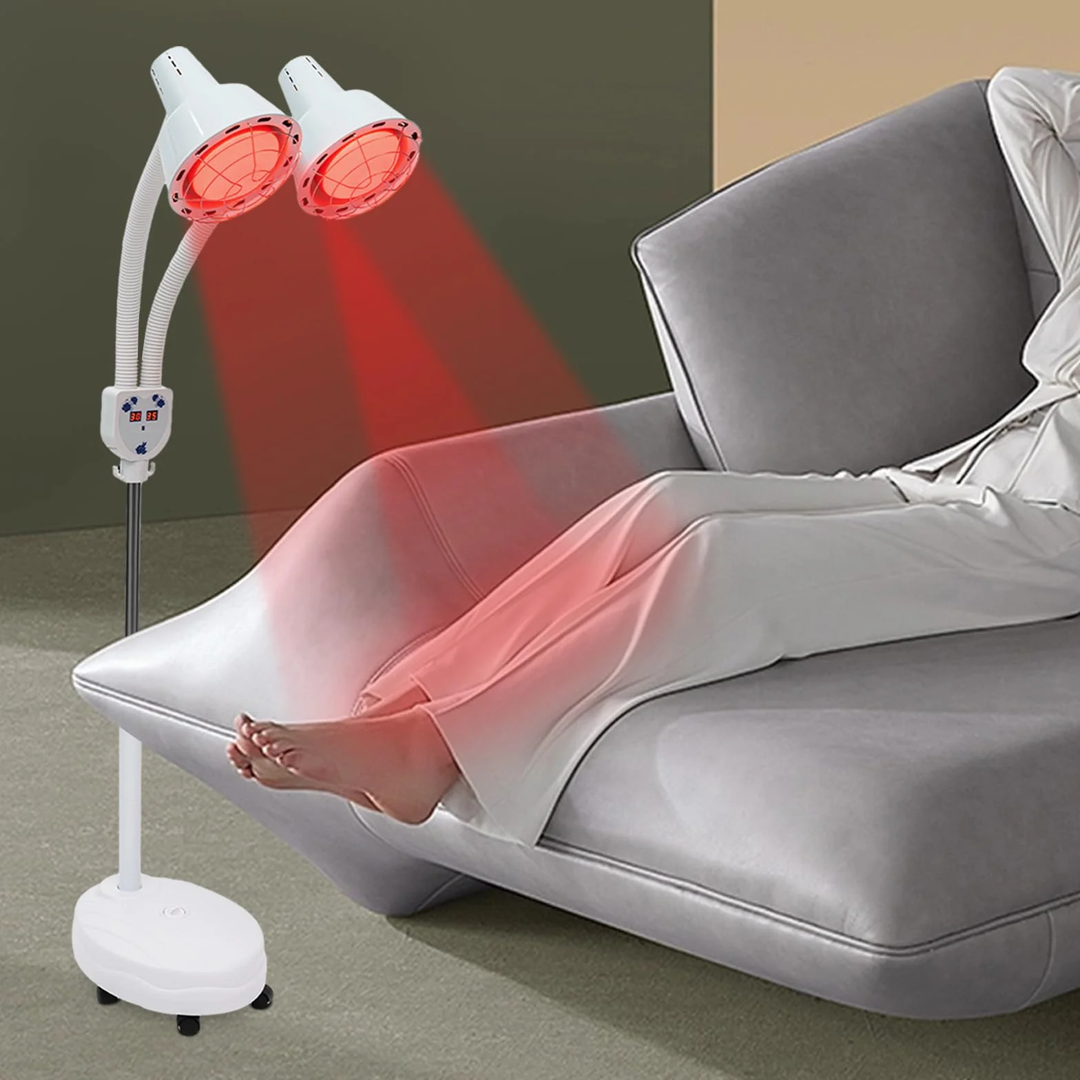 Czerwona lampa z podwójną głowicą, lampa 360°, regulowana lampa grzewcza do fizjoterapii, napięcie mięśni z kółkami i pilotem zdalnego sterowania