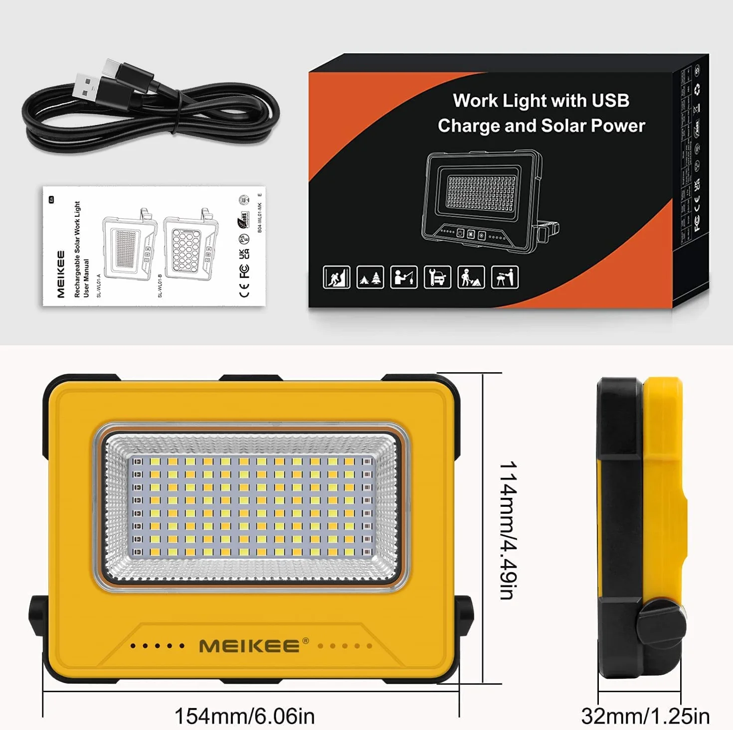 Lampa LED do ładowania, MEIKEE reflektor LED 60 W, super jasny, przenośny, 12000 mAh, ładowany przez USB i energię słoneczną, 16 trybów magnetycznego światła roboczego, latarnia na kemping, na plac