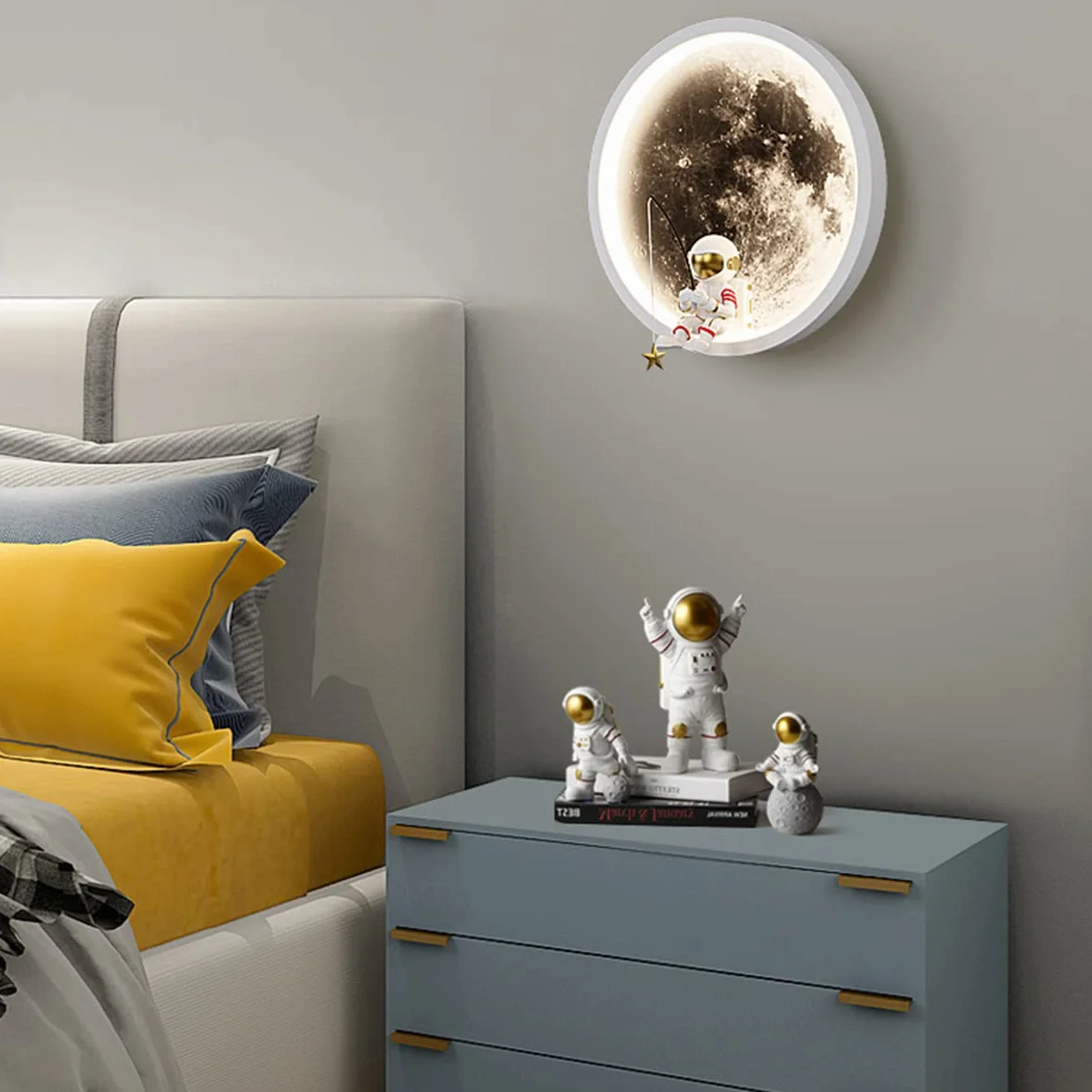 Lampa ścienna LED do pokoju dziecięcego księżyc, kinkiet astronauta dekoracja sypialni chłopca/dziewczyny, ściemniana za pomocą pilota, 20 CM, 3000 K-6000 K, 12 W, okrągła lampka nocna dla dzieci,White