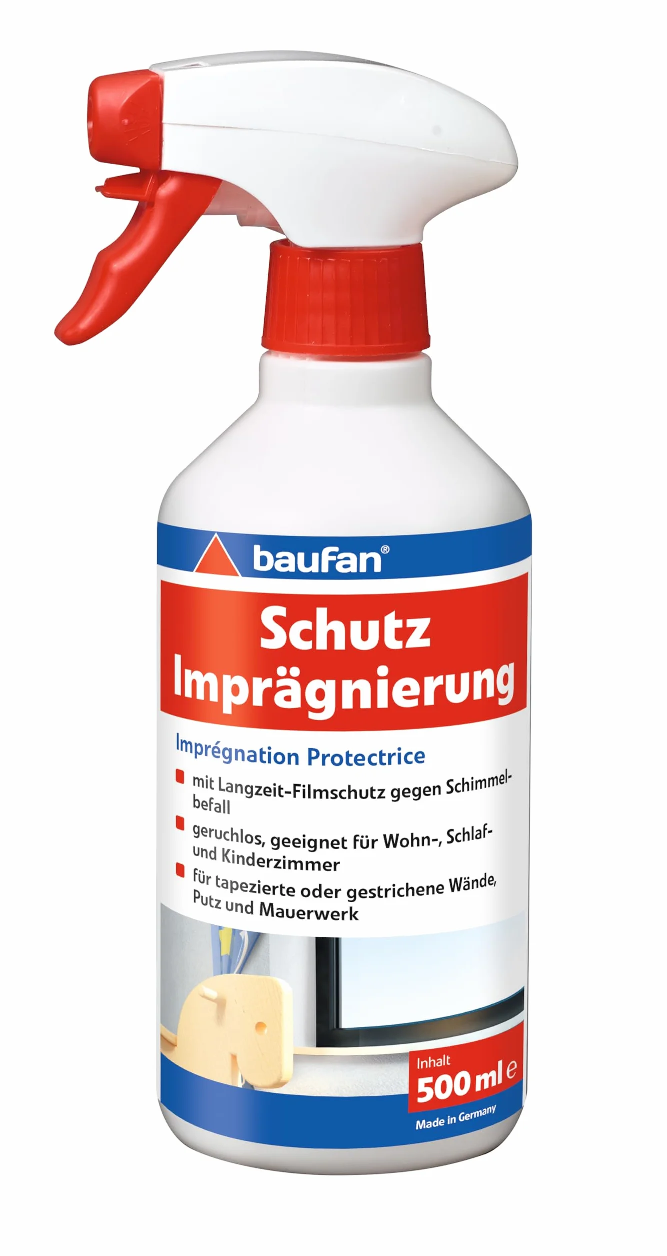 Baufan Impregnacja ochronna z ochroną przed pleśnią 500 ml – bezzapachowy i przezroczysty spray impregnujący do tapetowanych i malowanych ścian i murów