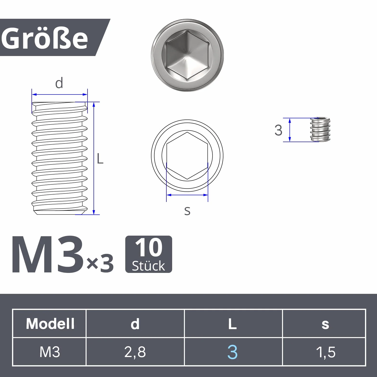 ORTAVA 10 sztuk śrub nastawnych, kołki gwintowane M3 x 3 mm DIN 913 / ISO 4026 z gniazdem sześciokątnym (ISK) i stożkowym kołkiem, śruba oczkowa ze stali nierdzewnej (srebrne)