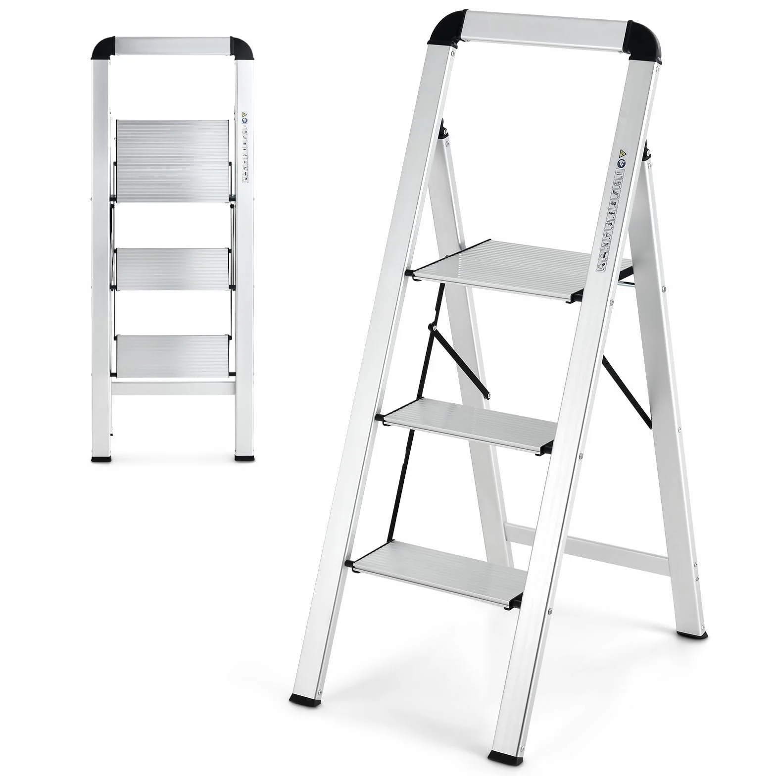 GOPLUS 3-stopniowa drabina składana z obciążeniem do 150 kg, drabina z aluminium z antypoślizgowymi stopniami i poduszkami na stopy, drabina stojąca z klamrą bezpieczeństwa do kuchni, biura i garażu,