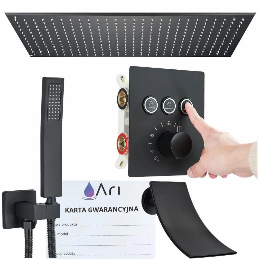Ari Podtynkowy system prysznicowy z termostatem, 80 x 40 cm, deszczownica, wodospad, zestaw prysznicowy z podtynkowym korpusem do zabudowy, skrzynka i słuchawka prysznicowa, mosiężna, stal nierdzewna