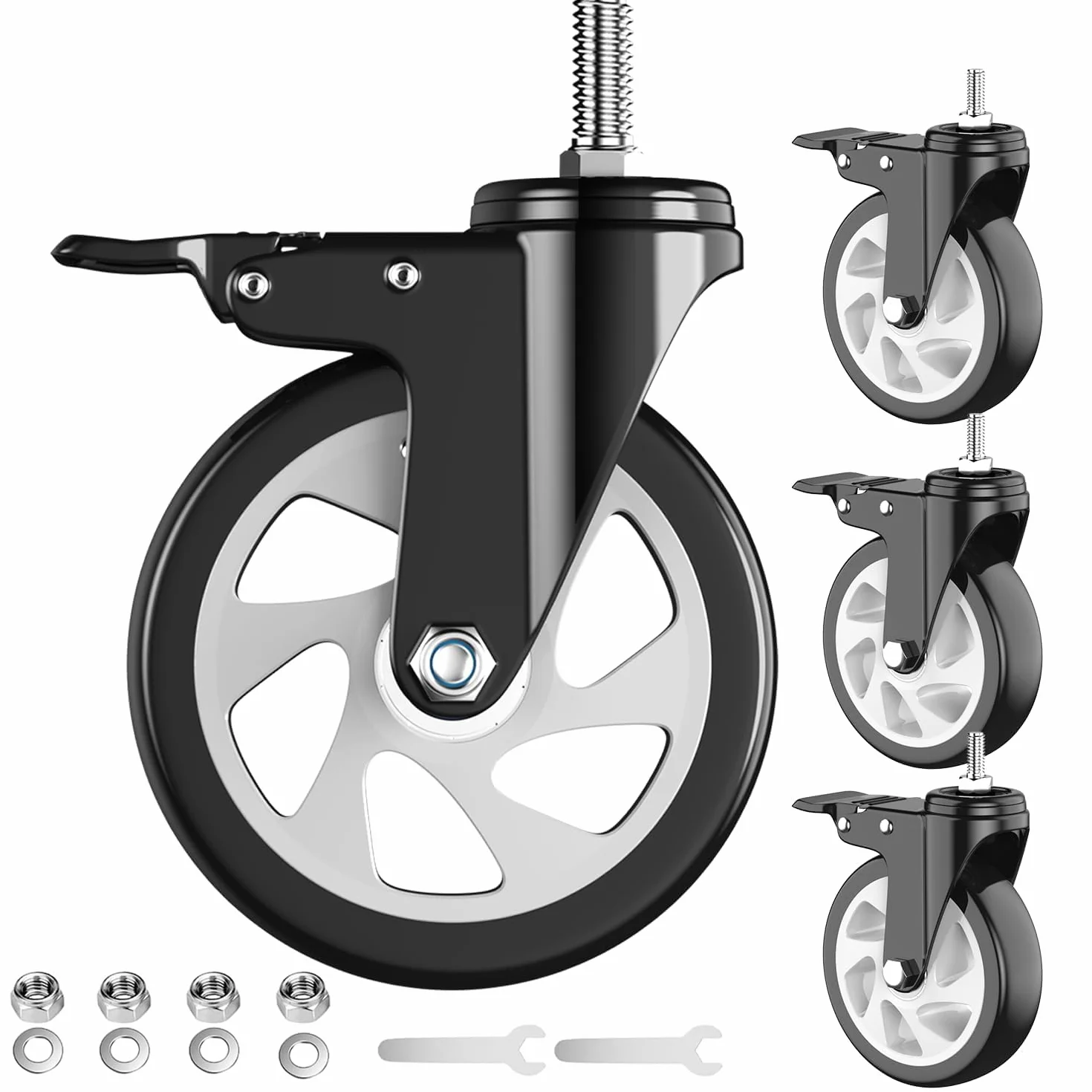 5-calowe wytrzymałe kółka jezdne, zestaw 4 kółek trzpieniowych, 1/2" -13 x 1 (średnica trzpienia 1/2", długość trzpienia 1"), blokowane obrotowe kółka trzpieniowe z gwintem, zestaw 4 kółek