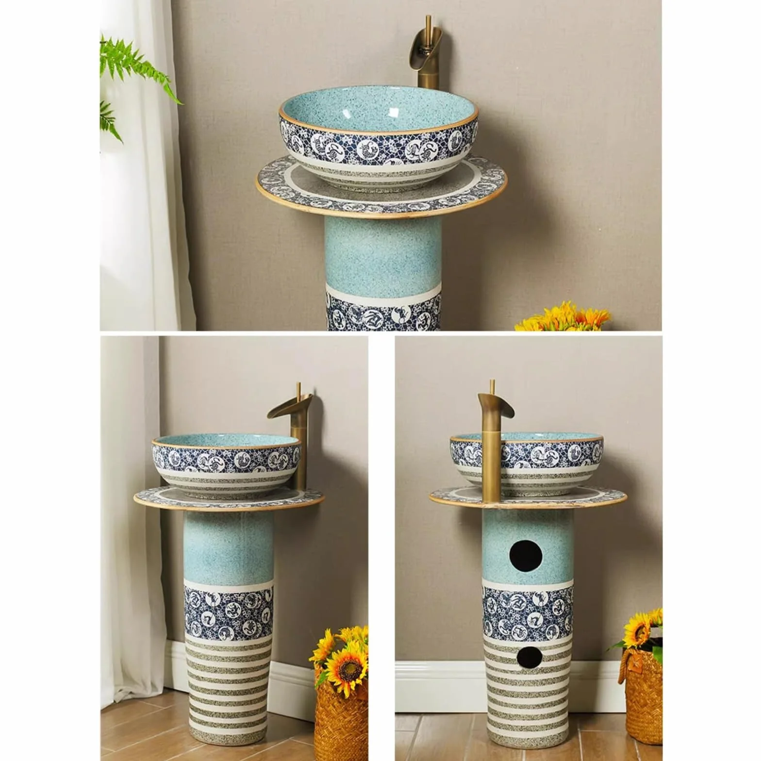 Zlewozmywak łazienkowy na cokole, retro i kreatywna ceramiczna umywalka kolumnowa, 3-częściowa umywalka łazienkowa z podstawą, umywalka podłogowa z kranami, zestaw s(B)