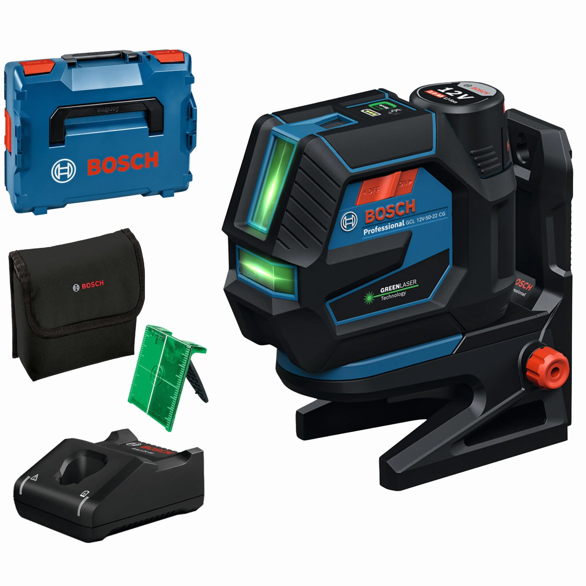 Bosch Professional Laser wielofunkcyjny GCL 12V-50-22 CG (zasięg pracy do 50 m z odbiornikiem, Dual Power Source, Levelling Remote, uchwyt, akumulator GBA 12V 2.0Ah, ładowarka, pokrowiec, L-BOXX)
