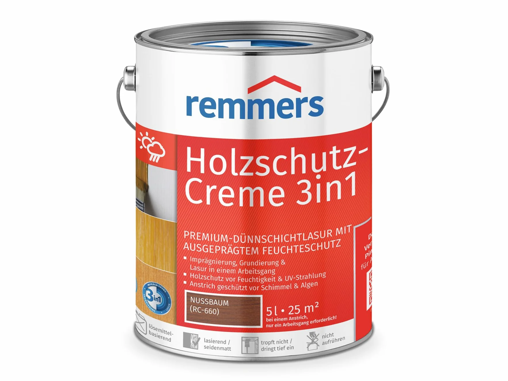 Remmers Krem ochronny do drewna 3 w 1 z drewna orzechowego, 5 litrów, niekapiąca lazura do drewna, do użytku na zewnątrz, 3 w 1: impregnacja, gruntowanie i lazura w jednym cyklu pracy