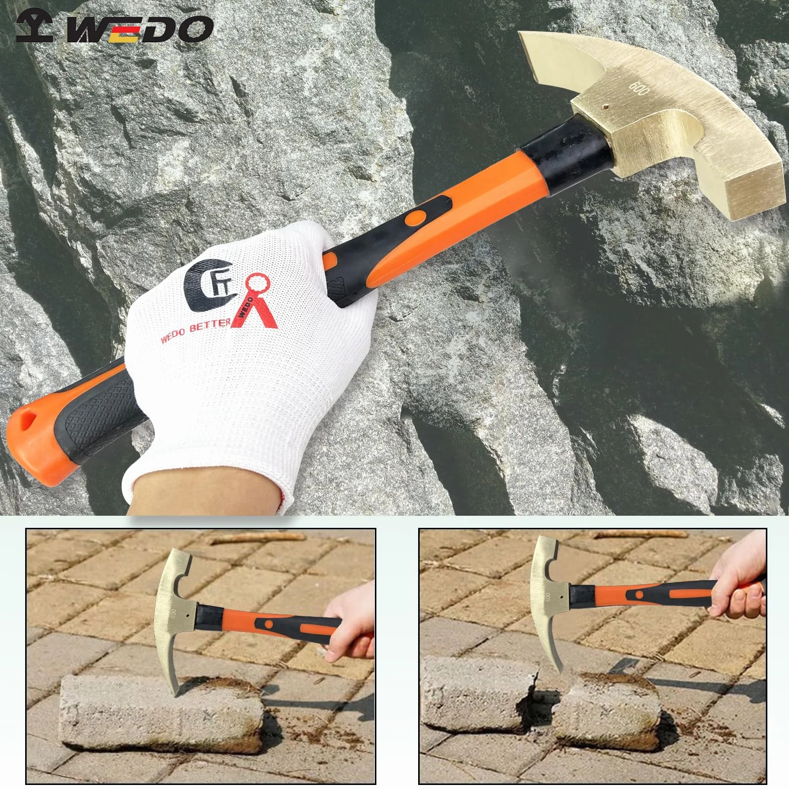 WEDO Młotek do wytrychów, geolog nieparujący, młotek murarski, brąz aluminiowy, główka 800 g, długość 340 mm, kute narzędzie murarskie, uchwyt z włókna szklanego, certyfikat BAM