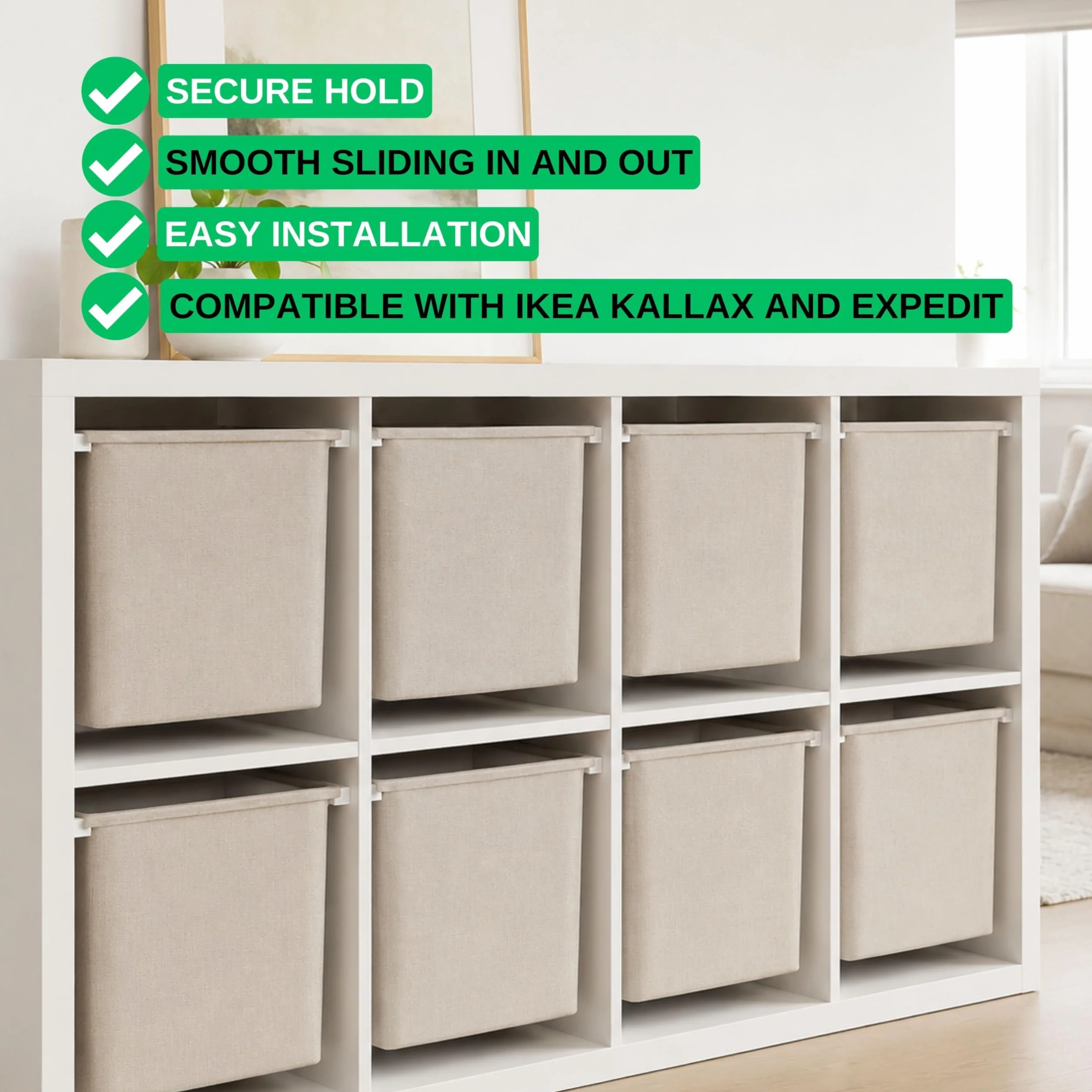 Szyny mocujące do regałów, kompatybilne z IKEA Kallax, Expedit i Trofast, 4 sztuki, w kolorze białym, z tworzywa sztucznego, do klejenia lub wkręcania, system szyn do przechowywania pudełek, uchwyt do