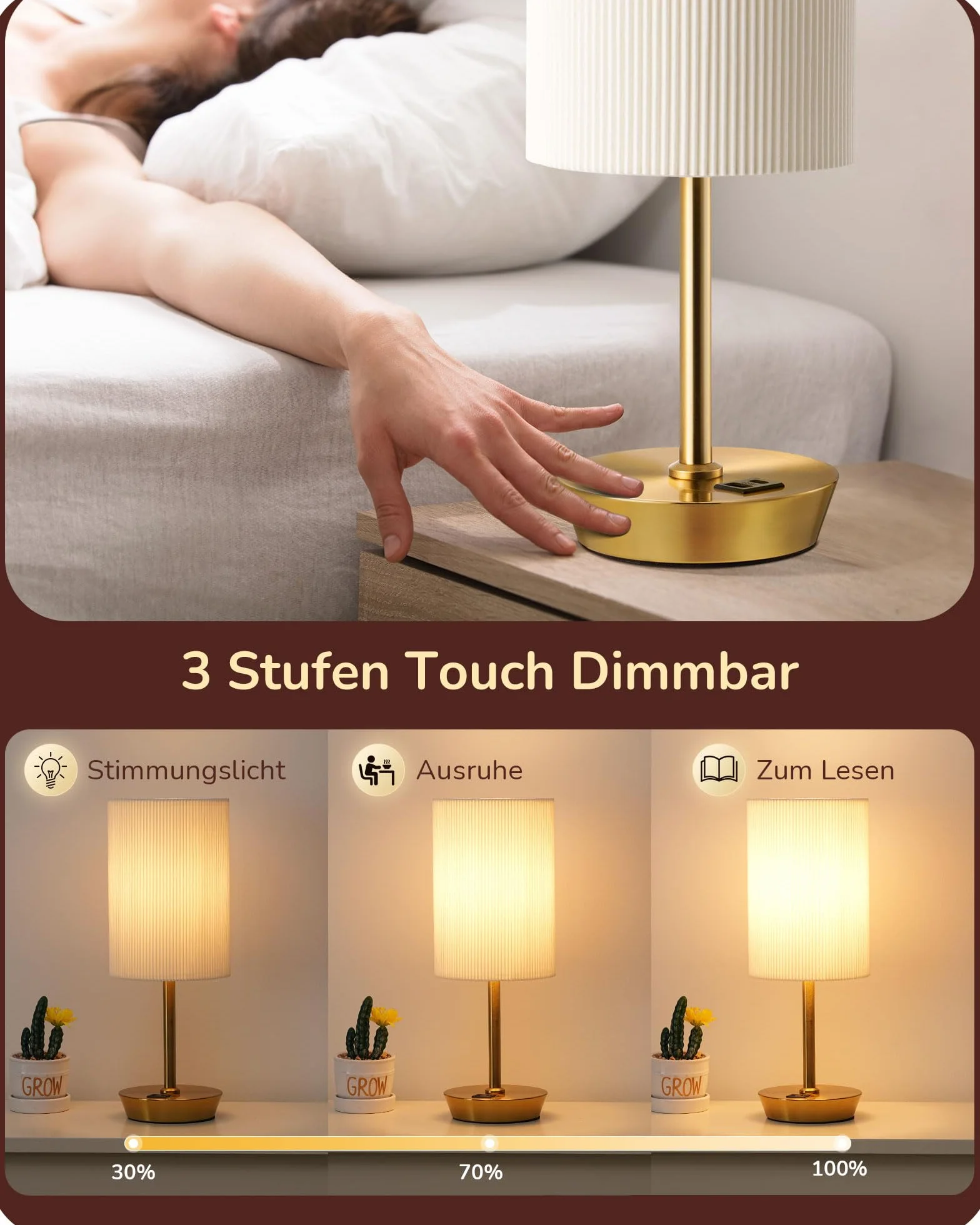 EDISHINE Lampka nocna LED, dotykowa, ściemniana, zestaw 2 szt., nowoczesna, mała lampka, z funkcją ładowania, 2 porty USB, z kablem, do sypialni, salonu, na parapet, prezent, złota | Funkcja ładowania, 5 V / 2,1 A, LED 2700 K w zestawie do sypialni, salon