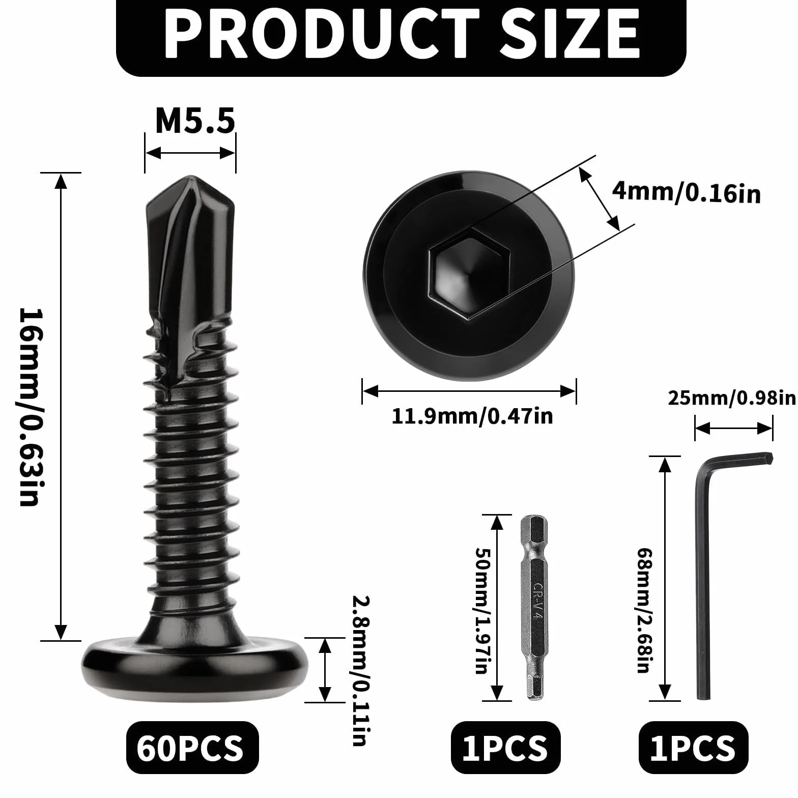 60 sztuk wkrętów samogwintujących ze stali nierdzewnej M5,5 x 16 mm, wkręty do blachy, samogwintujące, 410, wkręty z gniazdem sześciokątnym, wkręty wiertłowe, czarne, ze śrubokrętem, klucz
