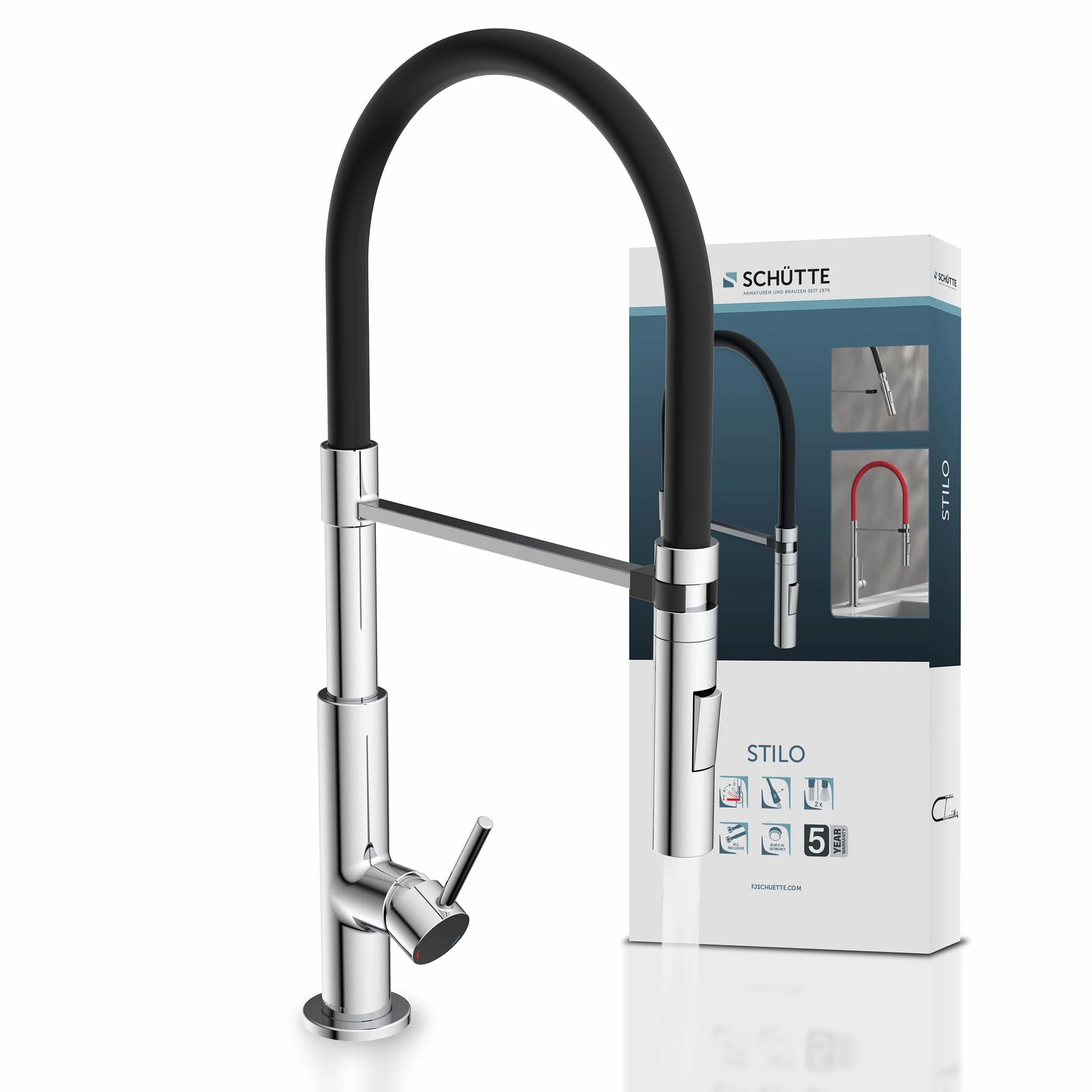 SCHÜTTE 79180 STILO Kuchenna Bateria z Wyciąganą Wylewką, Obrotowa 360 Stopni, Jednouchwytowa Zlewozmywakowa, Chrom/Czarny