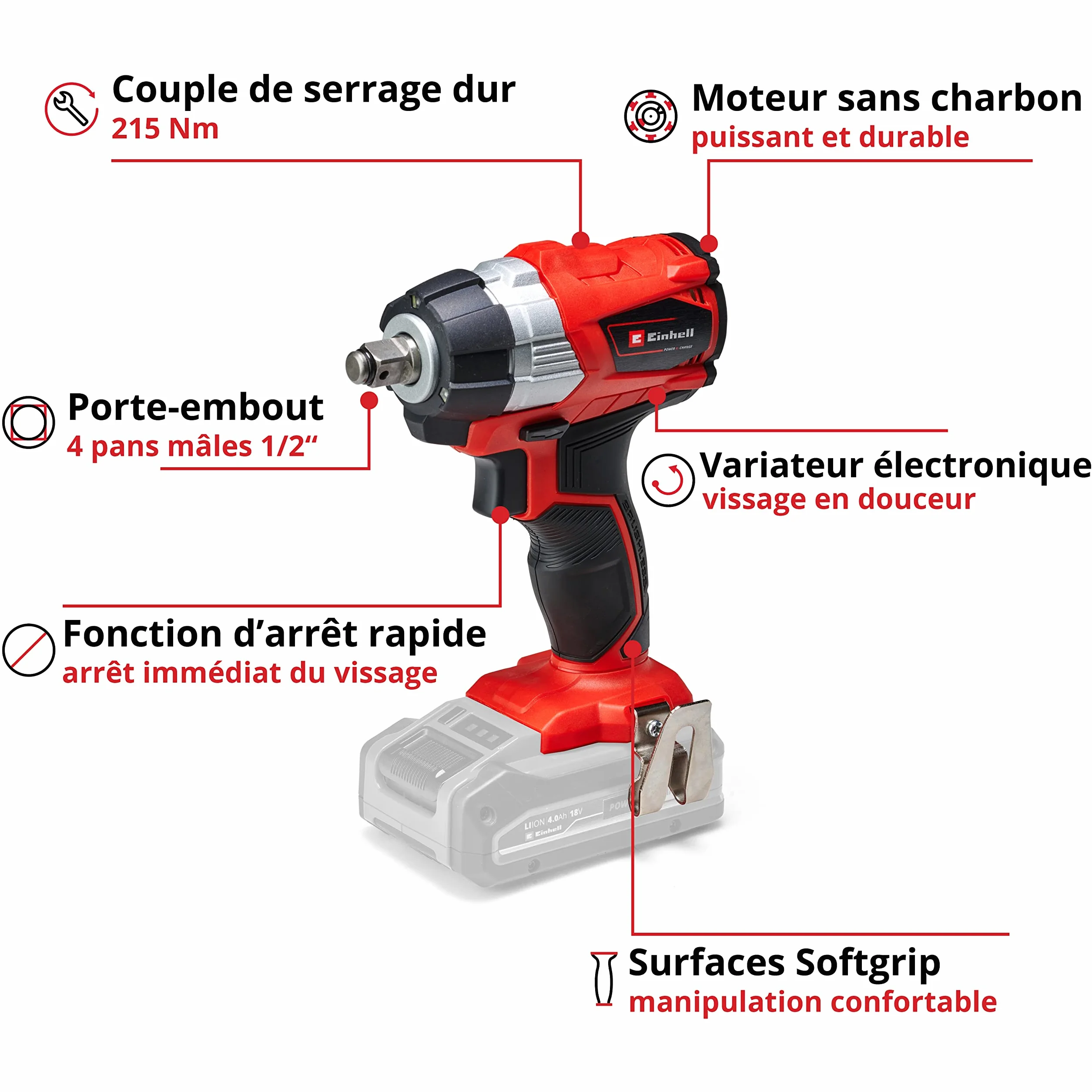 Einhell Wkrętarka udarowa akumulatorowa TP-CW 18 Li BL Solo Power X-Change (litowo-jonowa, 18 V, 215 Nm, oświetlenie LED, adapter do bitów do wkręcania, bez akumulatora i ładowarki)