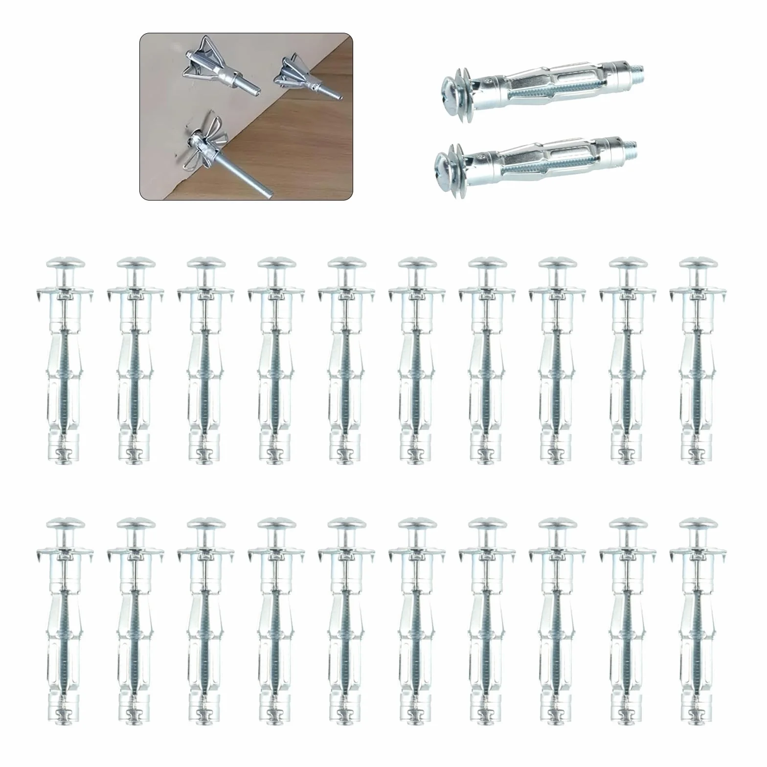 Zestaw 22 kołków rozporowych do wydrążonych ścian, kołki rozporowe do wydrążonych przestrzeni, m6 x 52 mm, metalowe kołki do płyt gipsowo-kartonowych, metal ocynkowany, mocowania wnęk, śruby i kołki