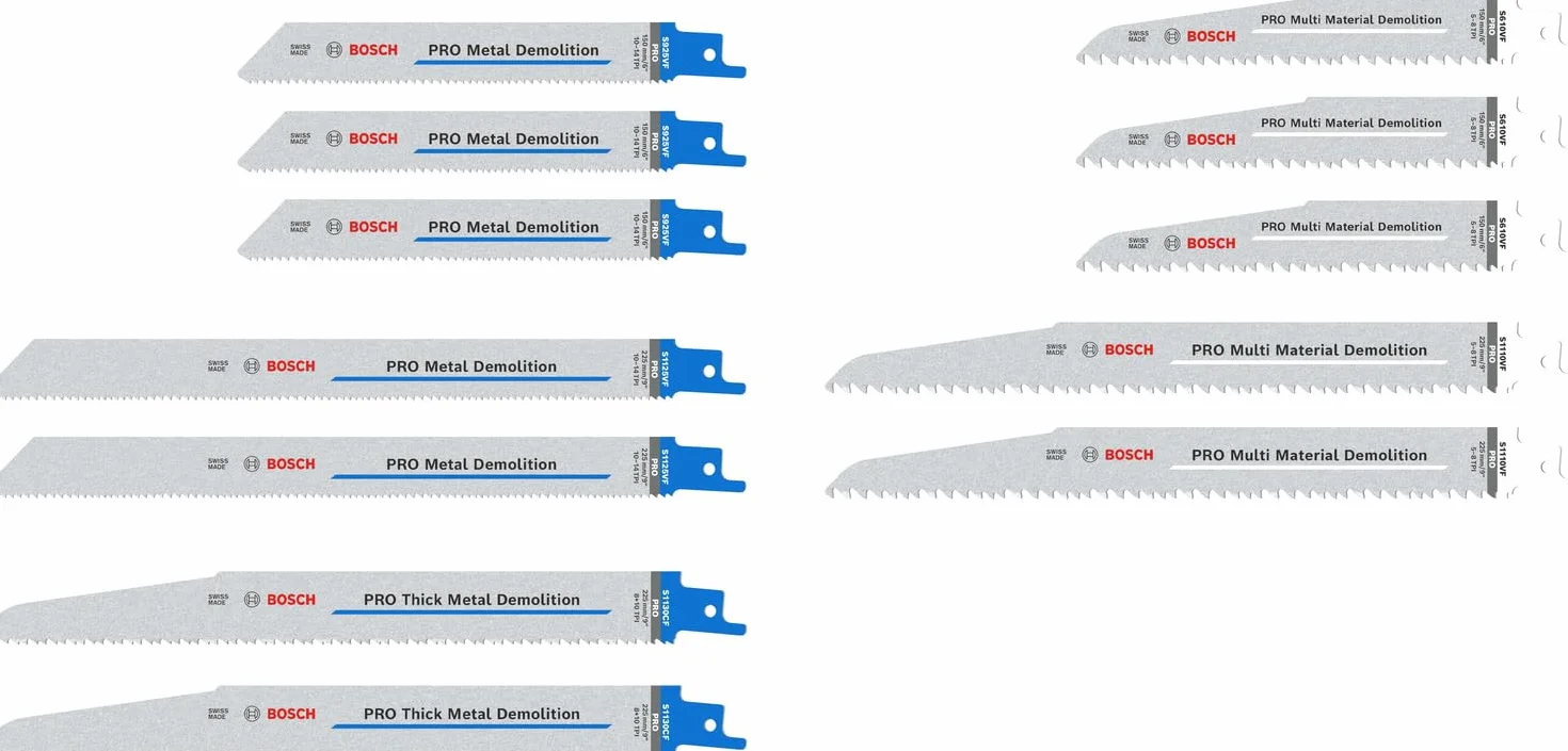 Bosch 12x Zestaw brzeszczotów do piły szablastej PRO Demolition, 12 szt. (do Rury i profile metalowe, Metale nieżelazne, Długość mm, Professional Akcesoria Piła szablasta)