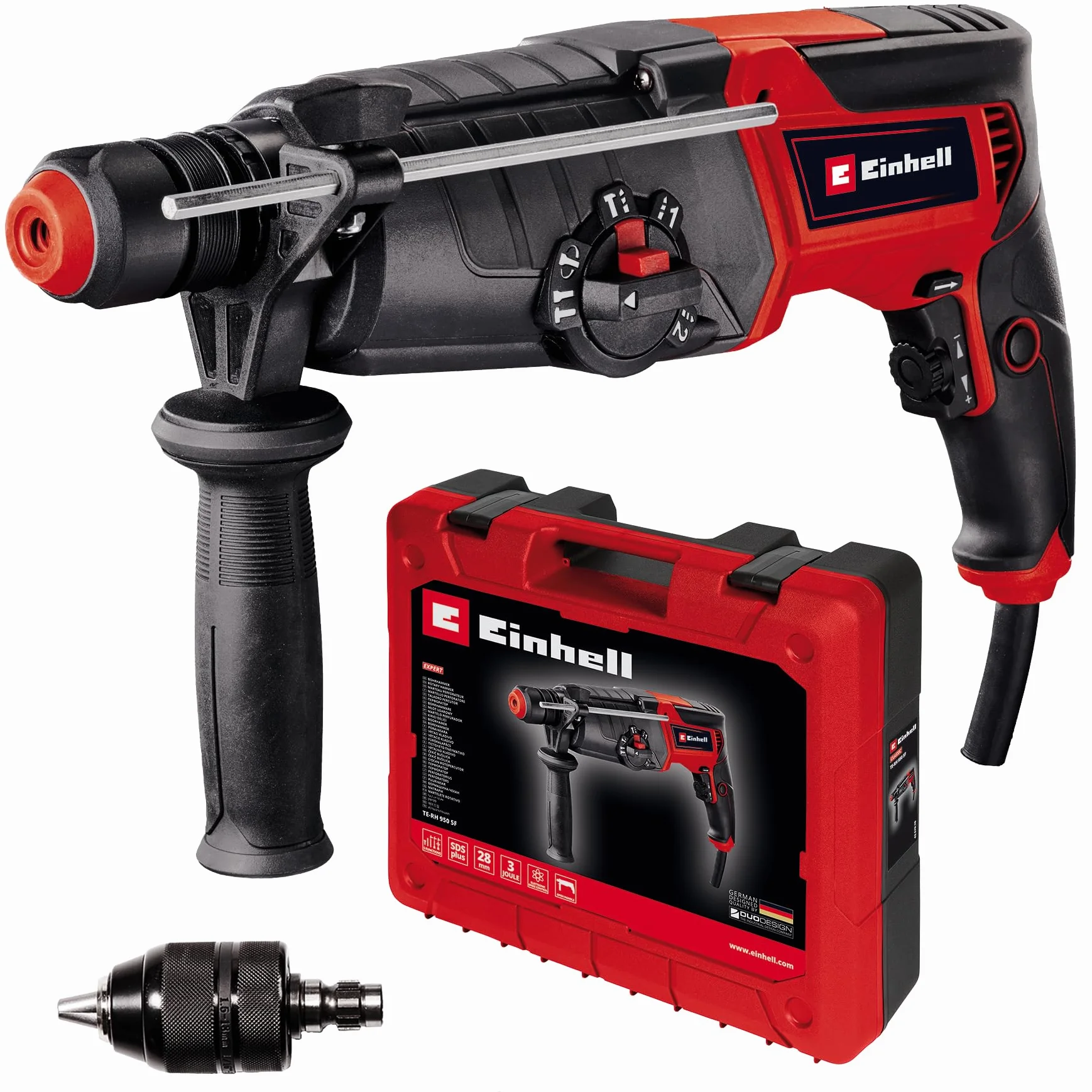 Einhell Młot udarowy TE-RH 950 5F (950 W, 2-biegowa przekładnia, udarność 3 J, mocowanie SDS-plus, moc wiercenia 28 mm w betonie, ogranicznik głębokości wiercenia, dostarczany w walizce)
