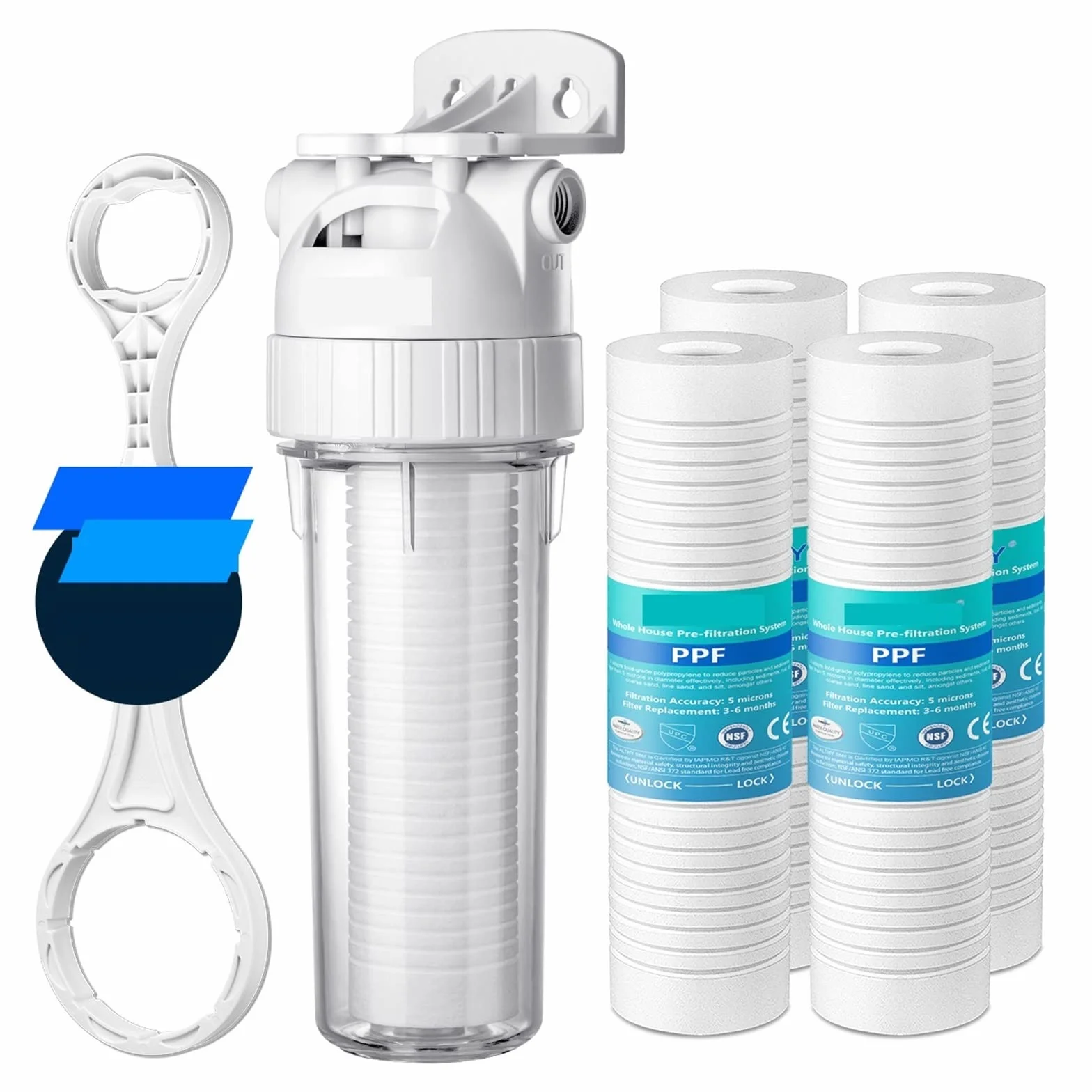 5 mikronów System filtrowania wody osadowej w całym domu Oczyszczacz wstępny, 10-calowy filtr wstępny PPFbawełna Bezpieczne materiały(4x Replace Filter)