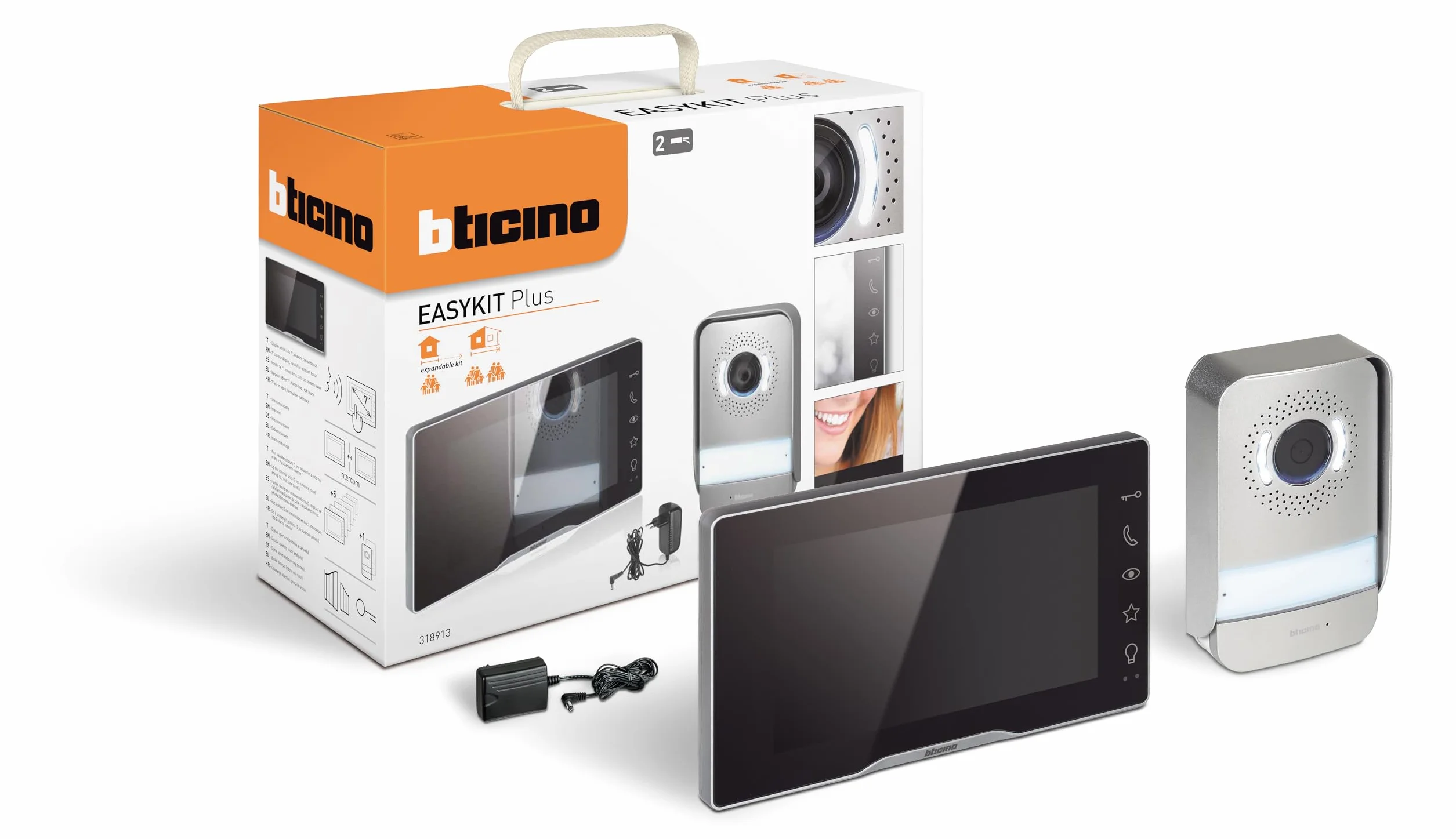 Bticino 318913 Easykit Plus Wideodomofon jednorodzinny Plug-In 2-przewodowy z: 1 zewnętrznym przyciskiem z dzwonkiem i kamerą, 1 kolorowy monitor wewnętrzny 7" z zestawem głośnomówiącym, możliwość