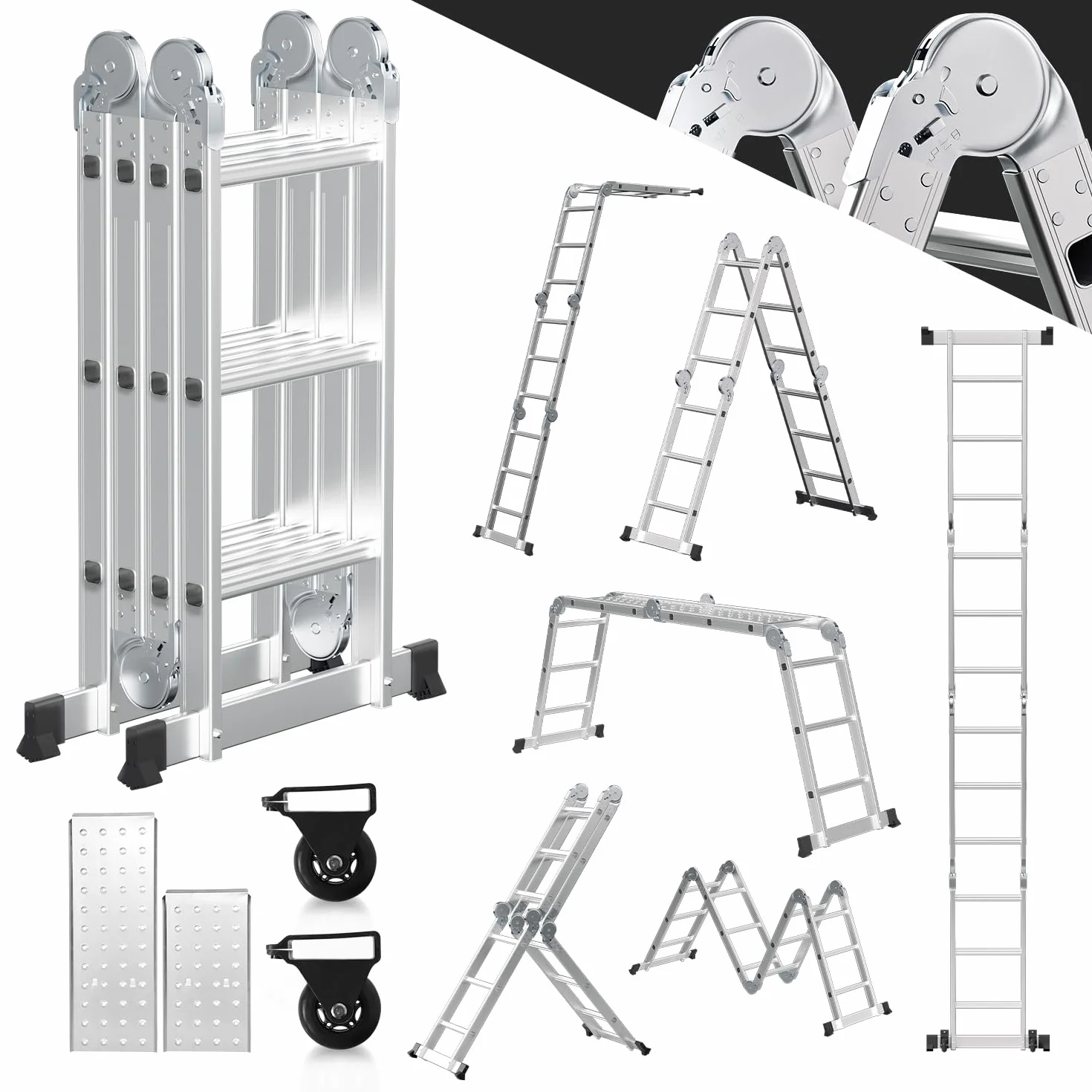 Aluminiowa drabina wielofunkcyjna 3,6 m, 4 x 3 stopnie, drabina wielofunkcyjna z platformą, aluminiowa drabina z 2 płytami rusztowania, składana drabina 16 stopni, drabina do 150 kg, srebrna