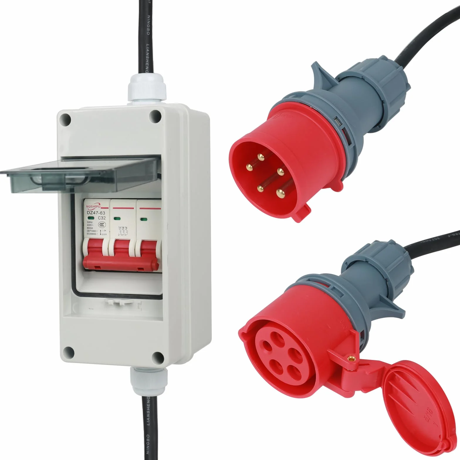 CEE Adapter 63 A 400 V wtyczka na 32 A 400 V sprzęgło z wyłącznikiem nadprądowym 32 A - IP44 CEE wtyczka H07RN-F 5G4/5G6 gumowy kabel zasilający 5 x 2,5 mm