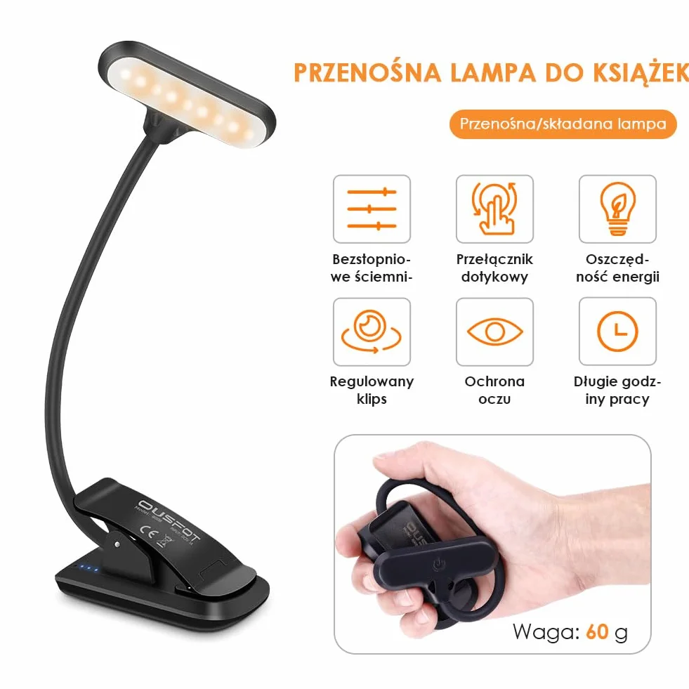 OUSFOT Lampa do czytania książek, zacisk z 3 stopniami jasności, 9 diod LED, ładowana przez USB, lampa zaciskowa 360°, elastyczna lampa zaciskowa LED, do biura, łóżka, stojak na nuty