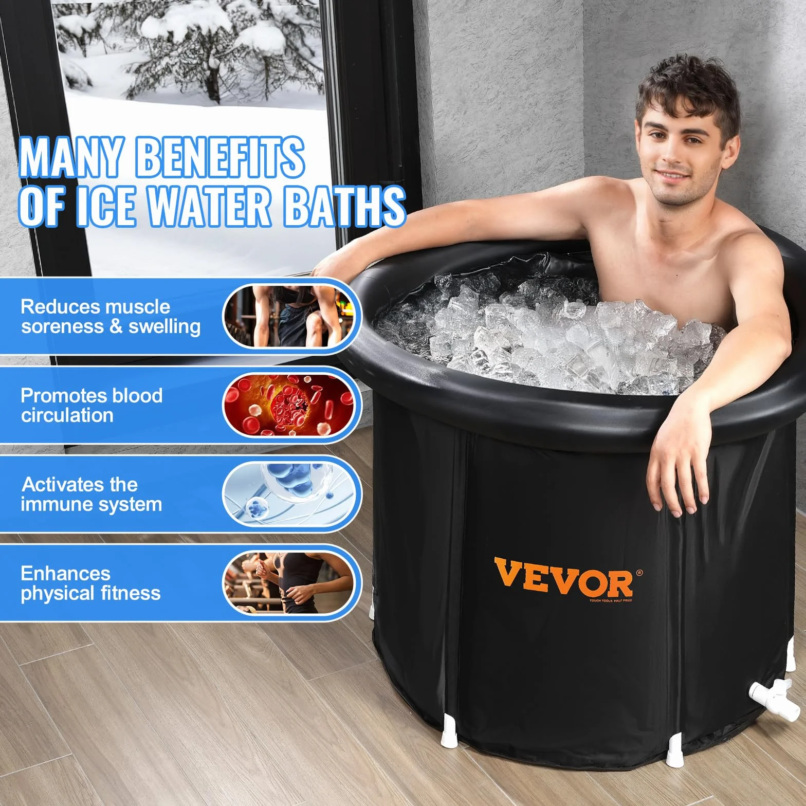 VEVOR Wanna na lód 85 cm 330 l terapeutyczna składana nadmuchiwana z pokrywą