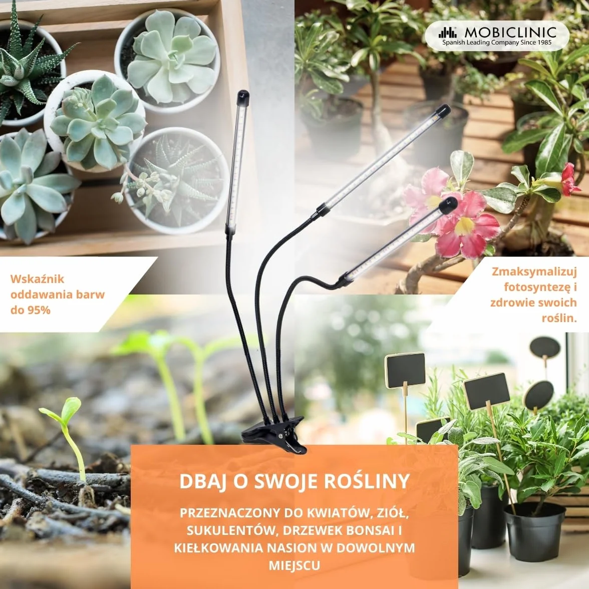 Mobiclinic Lampa Roślinna LED Growflex X3 60W Pełne Spektrum 6000K 10 Poziomów Jasności Obrót 360°