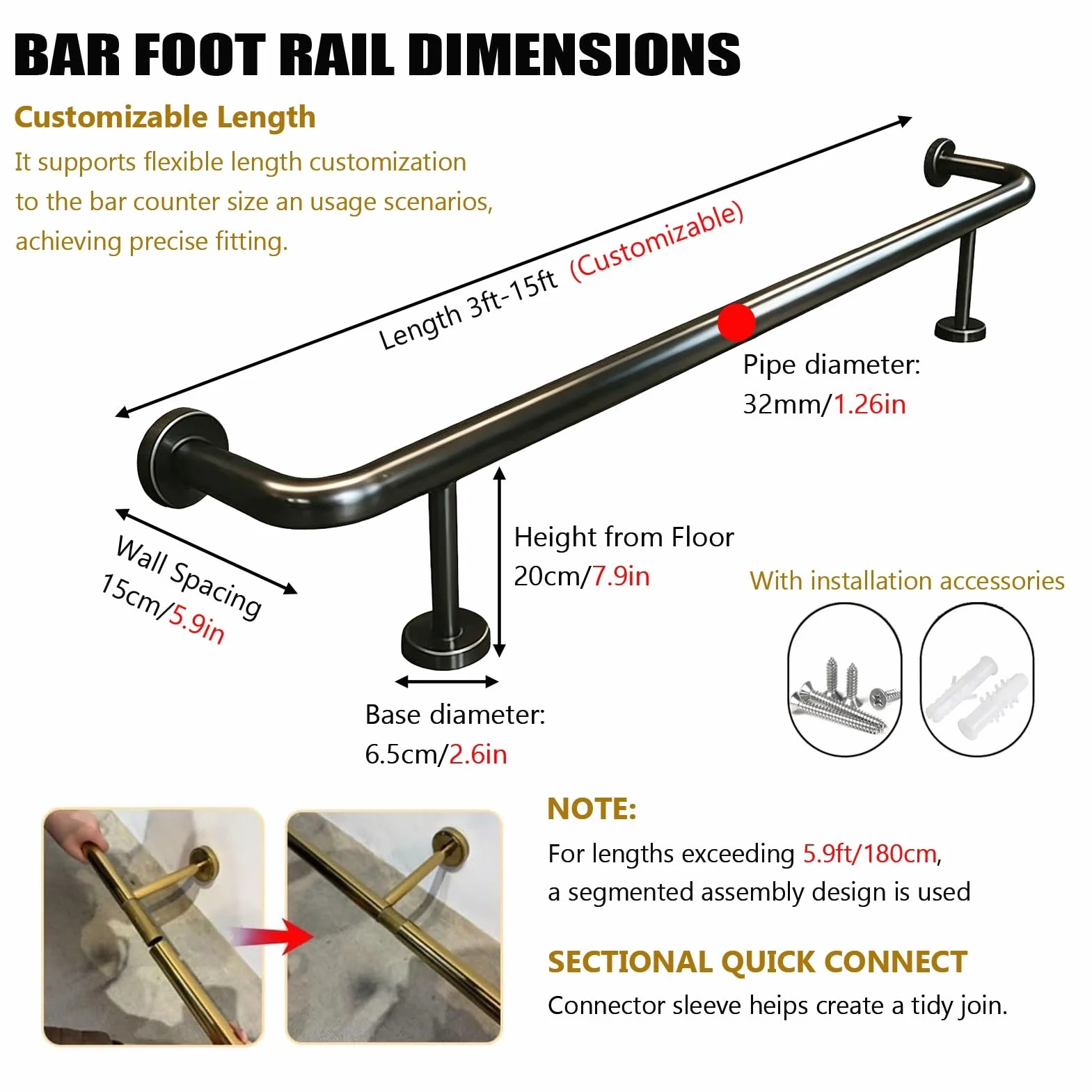 inless Zestaw balustrad stalowych, 5ft / 152 cm, czarna szyna nożna z akcesoriami do wewnątrz, na zewnątrz, pub, kuchnia, pojemność 150 kg