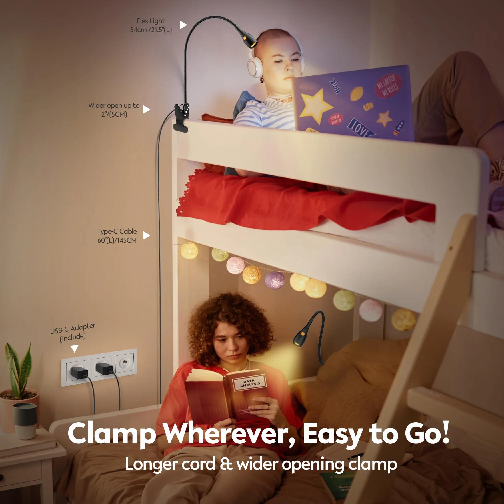 acegoo Minimalistyczna lampka do czytania do lampy z klipsem, zagłówek łóżka, ściemniana lampa książkowa, 3000 K/bursztynowe światło z adapterem USB-C, elastyczna gęsia szyja i poręczny przełącznik