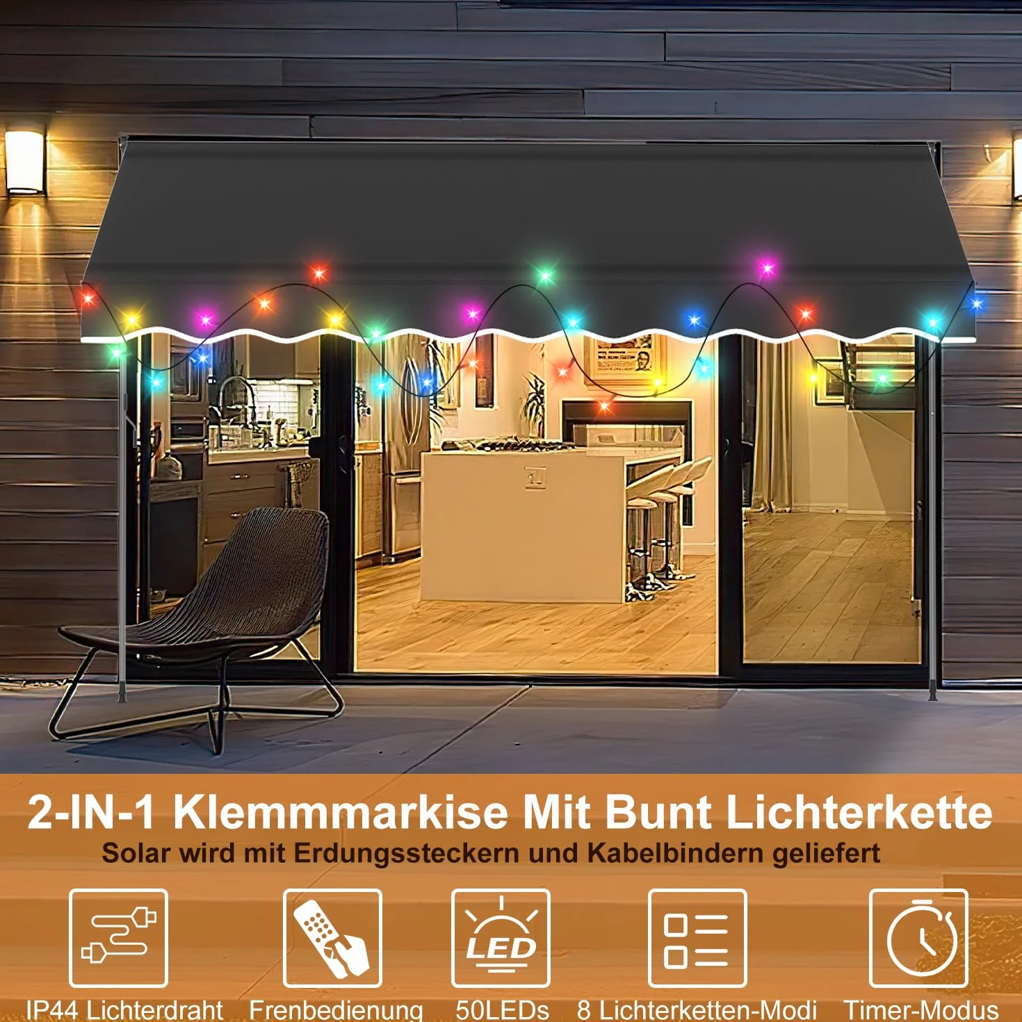 markiza zaciskowa 400 cm szerokości z oświetleniem LED, markiza bez wiercenia z korbą ręczną, odporna na działanie promieni UV, ochrona przed słońcem i wodoszczelna, markiza balkonowa