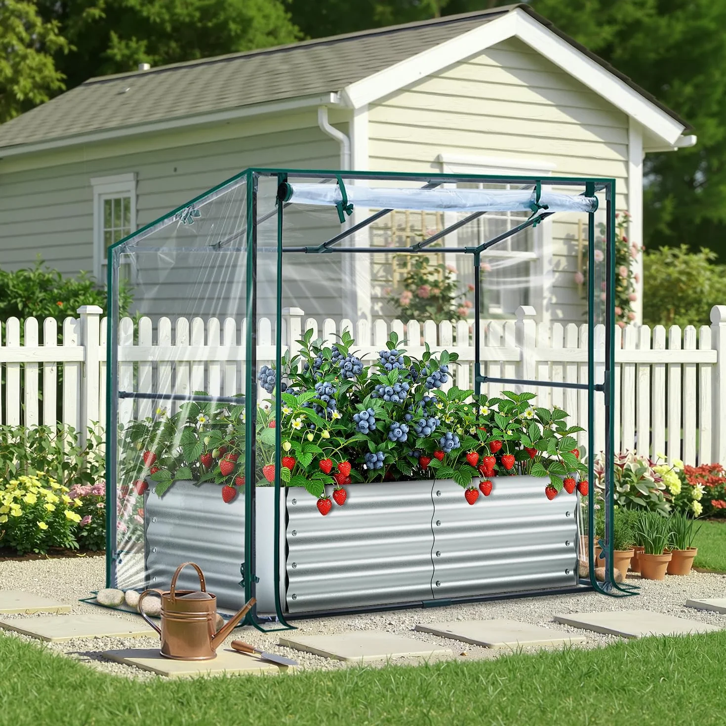 Ohuhu Podwyższona grządka ogrodowa metalowa 122x61x30 cm z osłoną PCV 3-w-1
