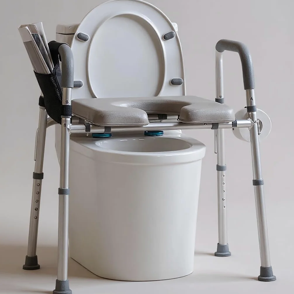 Commode Krzesło nocne dla seniorów z wyściełanym siedziskiem i podłokietnikami, 5-stopniowa regulacja wysokości, podwyższenie deski sedesowej do przenoszenia 136 kg
