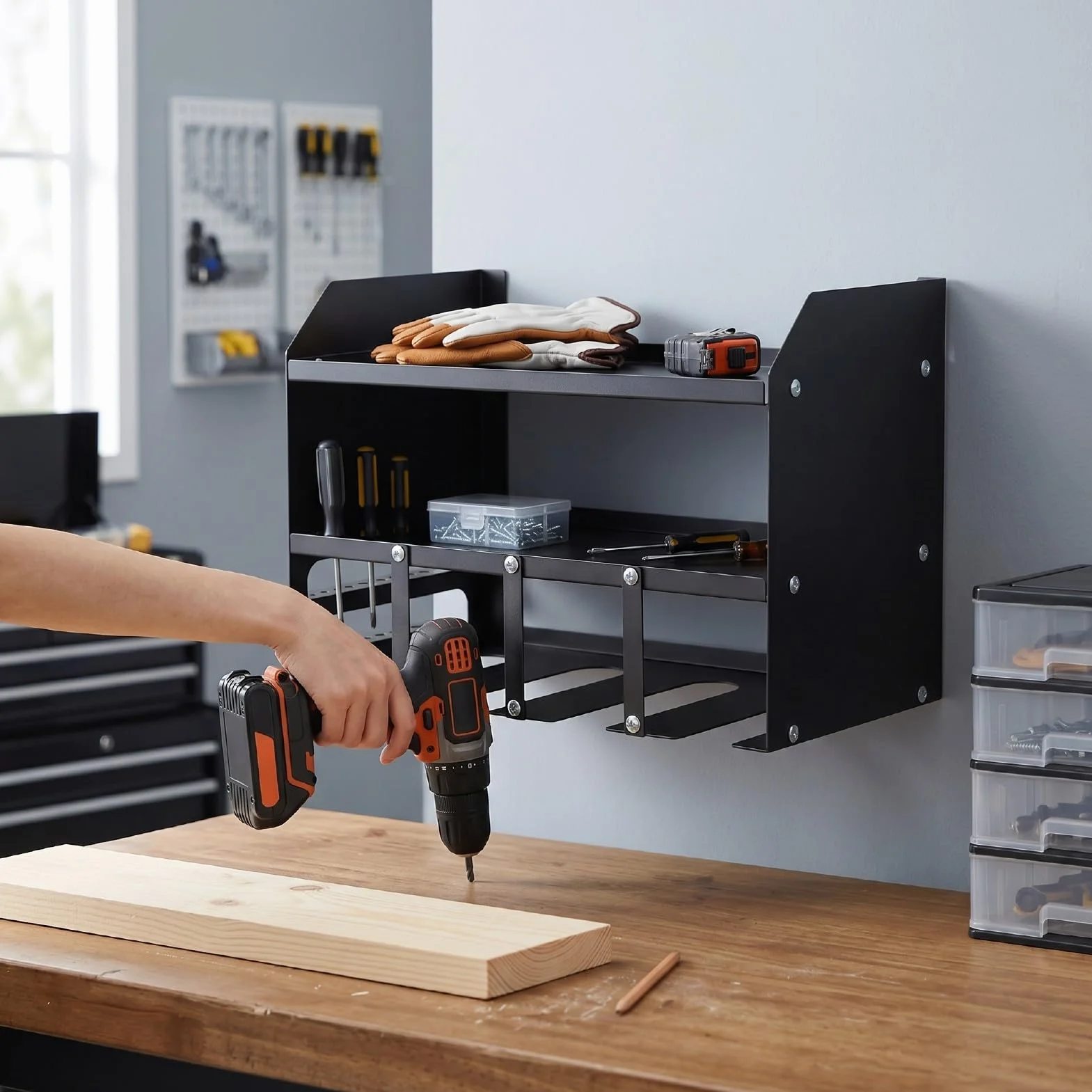 Sorandy Organizer na Elektronarzędzia do Montażu na ścianie Stalowy, Wytrzymały Metalowy Stojak do Przechowywania Narzędzi 280 Funtów ze stacją ładującą Półka 8,6 Cala