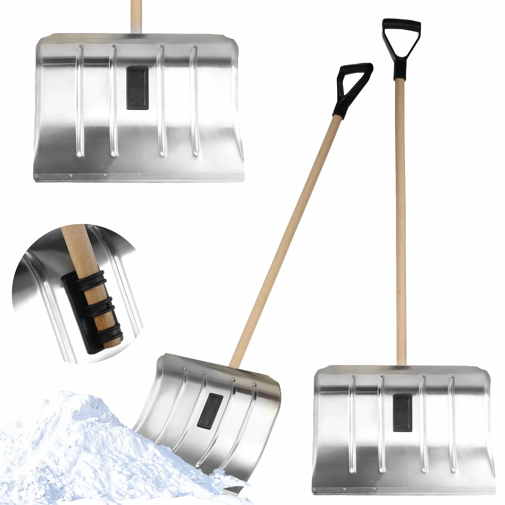 KADAX Łopata do śniegu aluminiowa z drewnianym trzonkiem i uchwytem D, ergonomiczna, lekka i wytrzymała, szerokość 50 cm - skuteczne odśnieżanie podjazdów i chodników