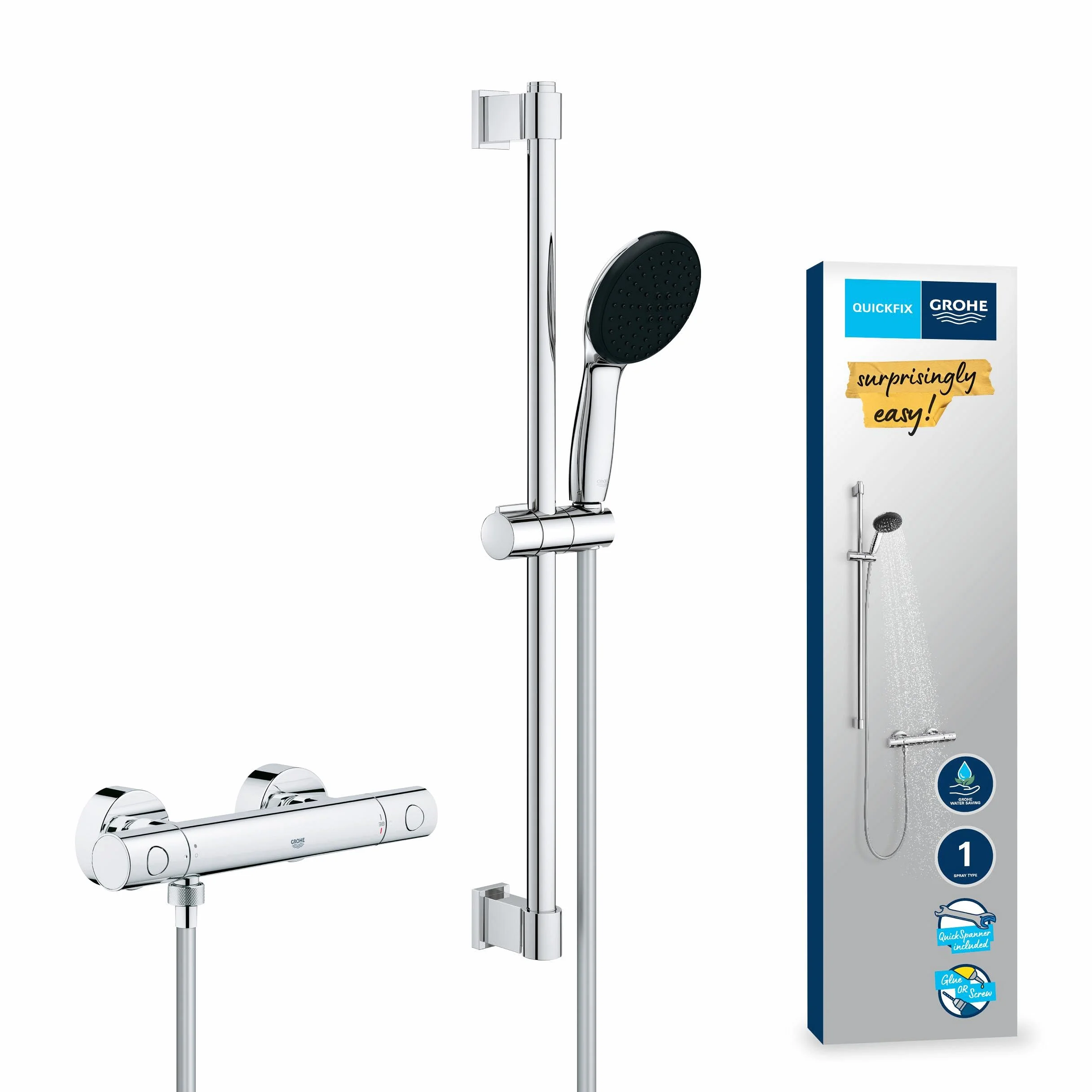 GROHE Precision Get 34856000 zestaw prysznicowy z termostatem oszczędzający wodę – 9 l na min (1 rodzaj strumienia, blokada bezpieczeństwa przy 38 C, drążek prysznicowy 60 cm, w zestawie z narzędziami