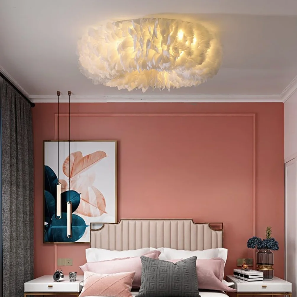 Lampa Sufitowa Nowoczesna Z Abażurem Z Białymi Piórami - Przytulna Aranżacja Ze Ściemniaczem E27 - Oświetlenie Sufitowe Do Sypialni/Salonu Dziecięcego - Stylowa Dekoracja Wnętrz Domowych & Resta